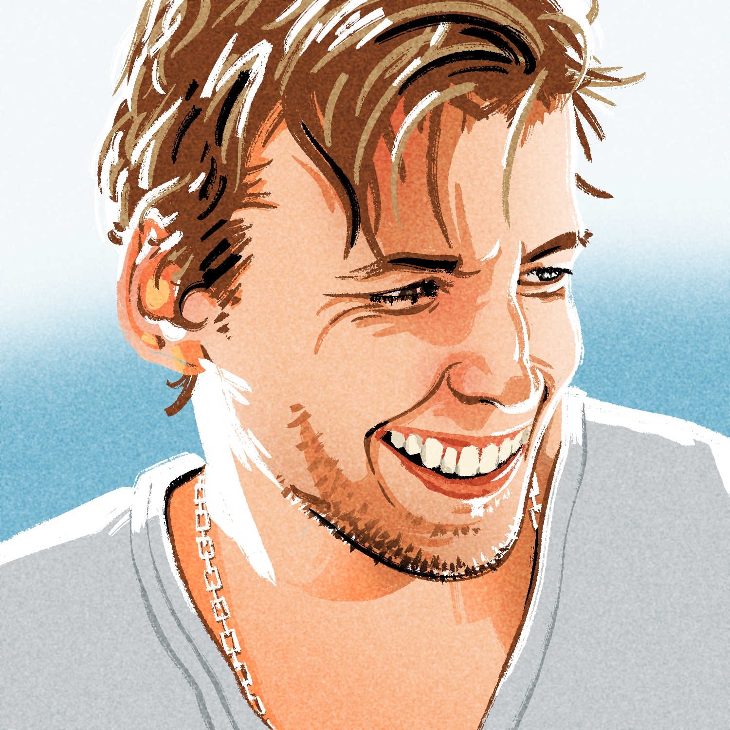 An illustration of a man smiling and looking off to the right. The man's head is tilted slightly toward the viewer and turned to the right. His mouth is slightly open, as if he is laughing. He has a light complexion, brown hair, dark eyes, and is wearing a white shirt and a chain necklace. He has some stubble on his cheek and chin. He is being lit largely from behind by the sun, leaving hard highlights on both sides of his head. The background is a dark sky blue, fading sharply to near white at the middle, towards the top.