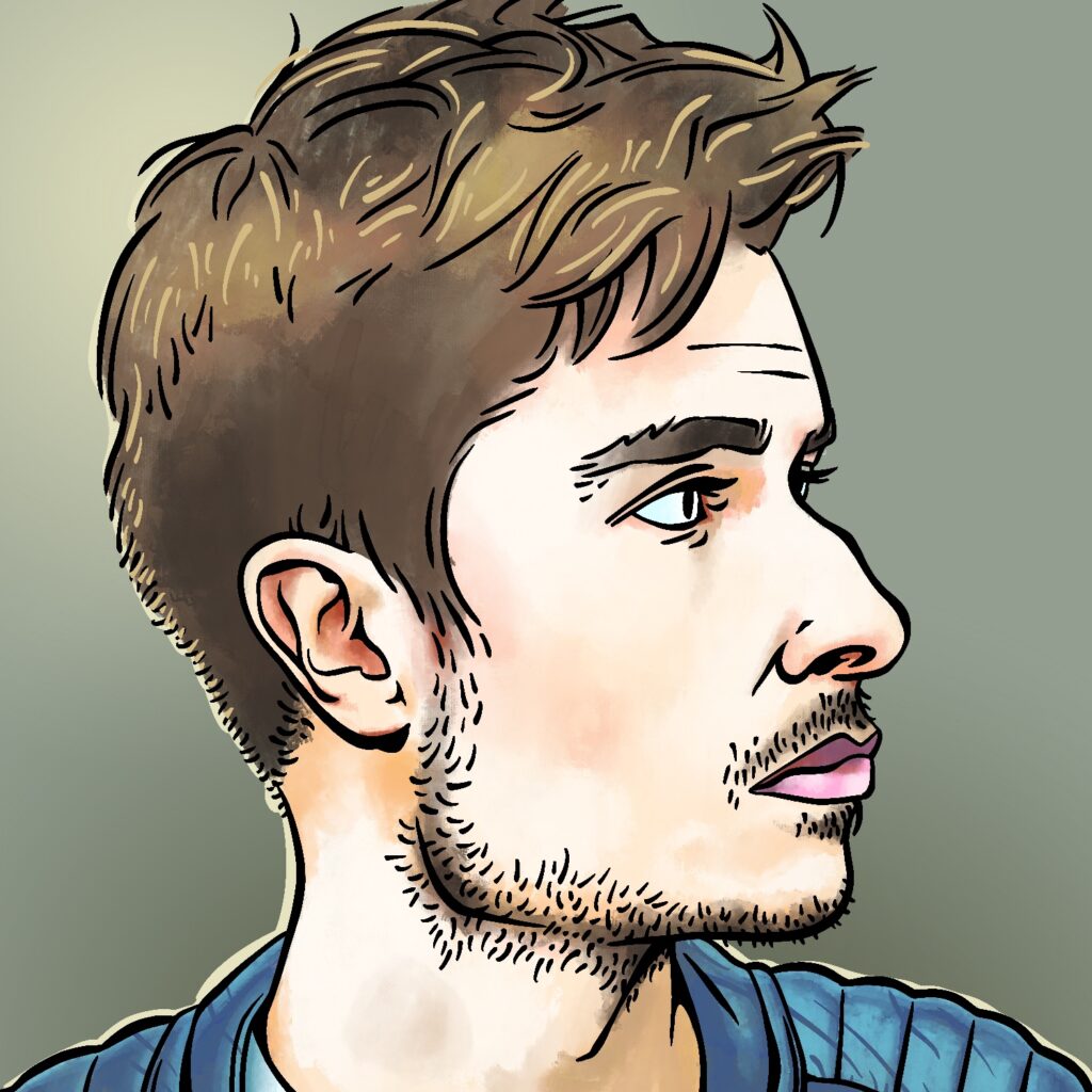 An illustration of a man's face in profile. The man is looking to the right and has a blank look on his face. He has a pale complexion, and features that are shaded to a dark red as if he is in the cold. He has messy brown hair with frosted tips, and it is cut close on his lower head and neck. He has a scraggy but short neck beard and mustache. His lips are pink. He is wearing a shiny blue sweatshirt over a barely visible white shirt. The background is a pale green.