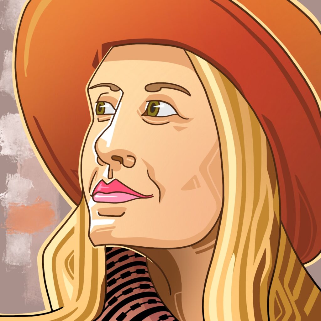 An illustration of a woman wearing a wide-brimmed hat staring up and to the left, away from the viewer. The woman is drawn in a stylized way, with outlines around features and large blocks of striped color for shading. She has a wistful look on her face, and a slight smile. She has a pale complexion, dark green eyes, pink lipstick, and blond hair. She is wearing a patterned pink scarf, and her hat is an orange red with a low top. The background is a blurry taupe color with highlights and hints of orange.