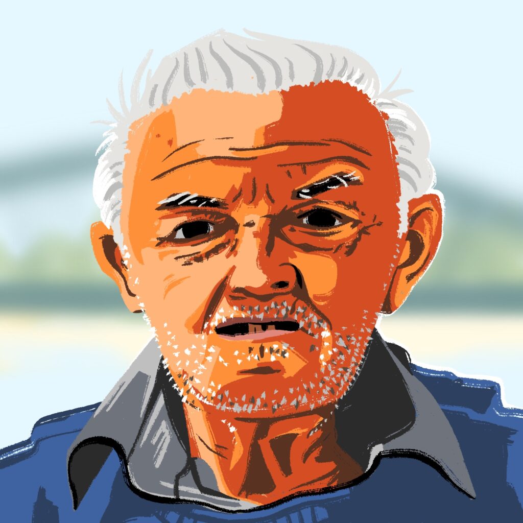 An illustration of an older man. He is drawn in a stylized, distorted way, with his head a bit too squat and wide, and the colors posterized. He has peach skin that turns orange, red, and maroon into shadow. His face has many wrinkles on it, and it gives the impression that there are likely many more hidden by the style. He appears to be scowling slightly, but that may just be his age affecting his appearance. He has a very closely shaven stubble going across his lip and chin. He is wearing a blue shirt with a gray collar, and a distance outdoor area is blurred in the background.