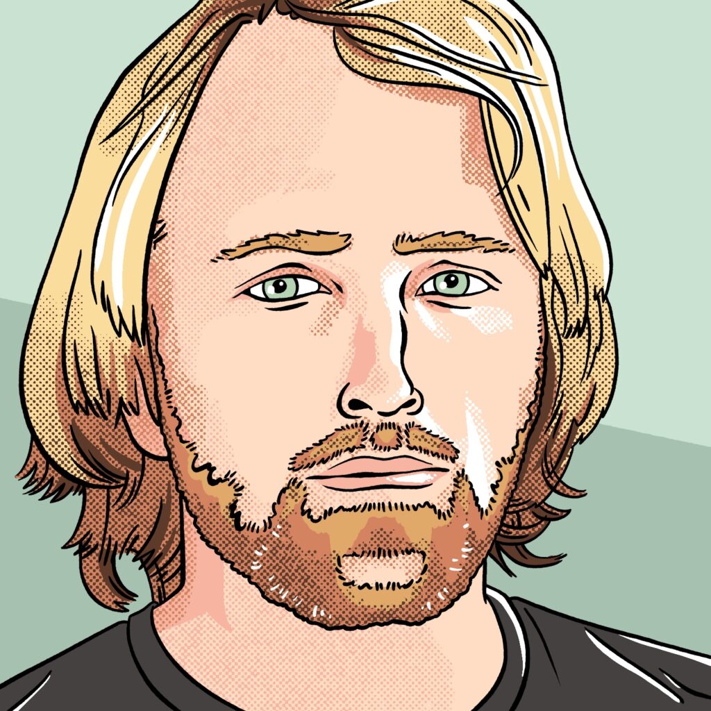 An illustration of a man with long hair and a mustache and beard. The man has a blank expression on his face but is looking intently at the viewer. He has a pale, reddish complexion, light green eyes, blond hair, and a blond/red mustache and beard. He is wearing a black shirt. The background is a pastel green split and made slightly darker by a diagonal line across the middle.