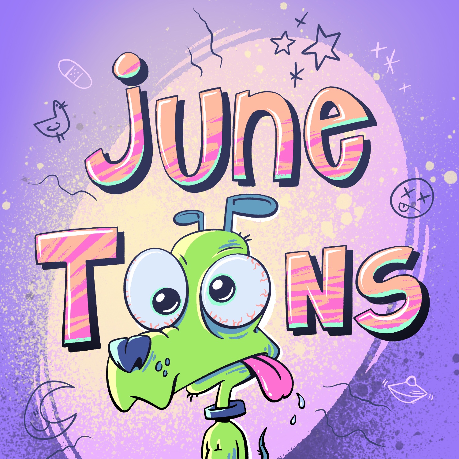 A cartoon illustration of the words "June toons". The o's in 'toons' are made from the bugged-out eyes of a green dog. The dog looks confused and has his tongue hanging out the side of his mouth. His head is much larger than his body. He has a blue nose, ears, collar, and tail. His eyes are slightly bloodshot. The words are colored in pink with orange streaks and bright blue highlights at the bottom. The background is purple with a round, pink highlight behind the cog and words. There are small sketches of faces, stars, and other doodles around the end of the highlight. The background is textured as if someone puffed spray paint onto it.