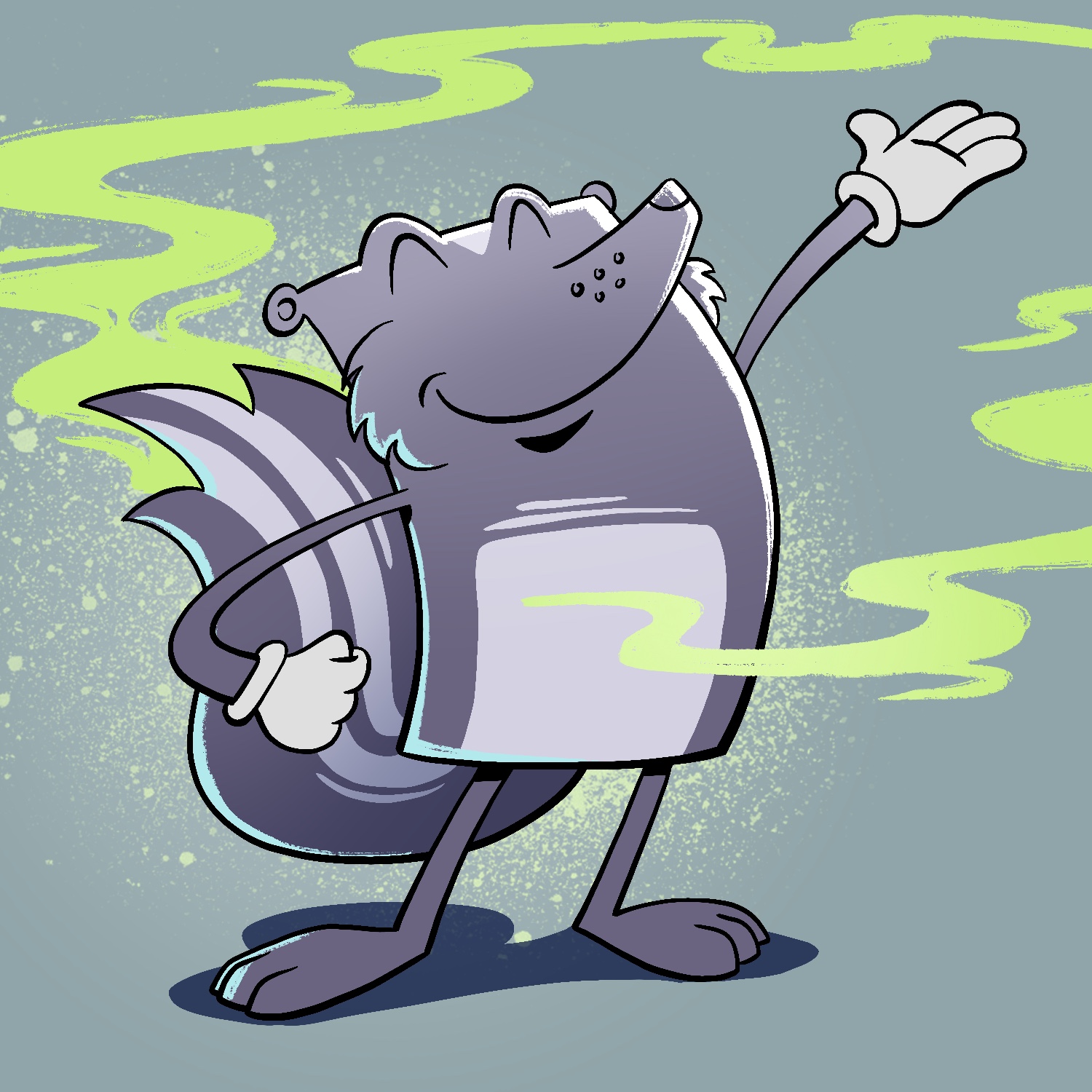 A cartoon illustration of a skunk standing proudly in a classic cartoon pose, with body forward, chest out, back arm bent, and front arm out with palm up, as if he is presenting something amazing. The skunk is smiling broadly and his eyes are closed. His body is rectangular and his limbs are curvy/wiry. He has a large tail sticking up behind him, with a green trail of skunk scent wafting up, around, and down in front of him. He is a dull, dark purple where a normal skunk would be black, and light lavender where it would be white. The background is a pale teal color with a spray paint splatter behind the skunk.
