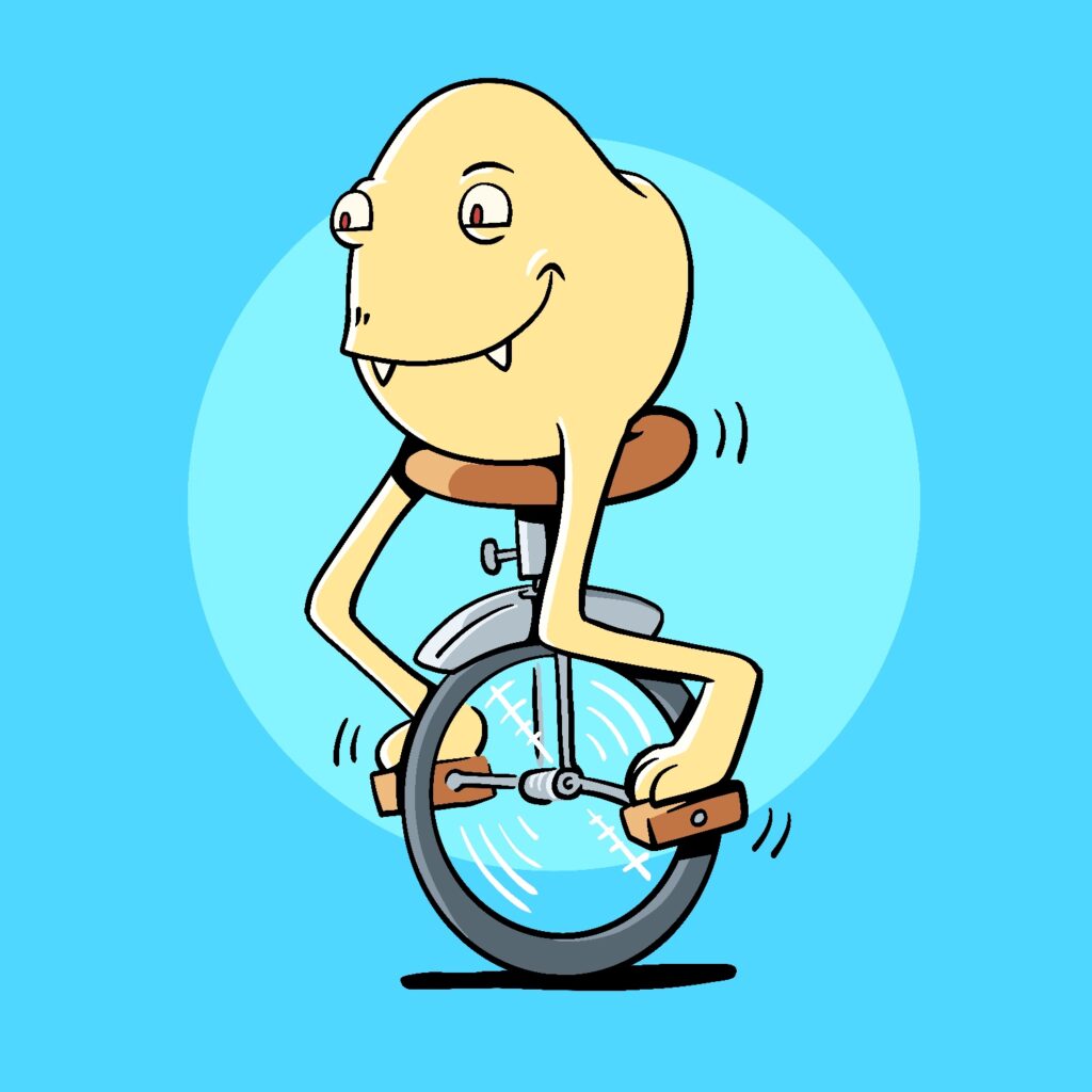 A cartoon illustration of a yellow blob with legs riding a unicycle. The blob has small, red eyes and is smiling. Two tiny fangs are sticking up out from its lips. Its legs are long and ready the pedals of the unicycle easily. It is pedaling, and the wheel is spinning. The background is a bright cyan with a slightly brighter circle behind the blob.