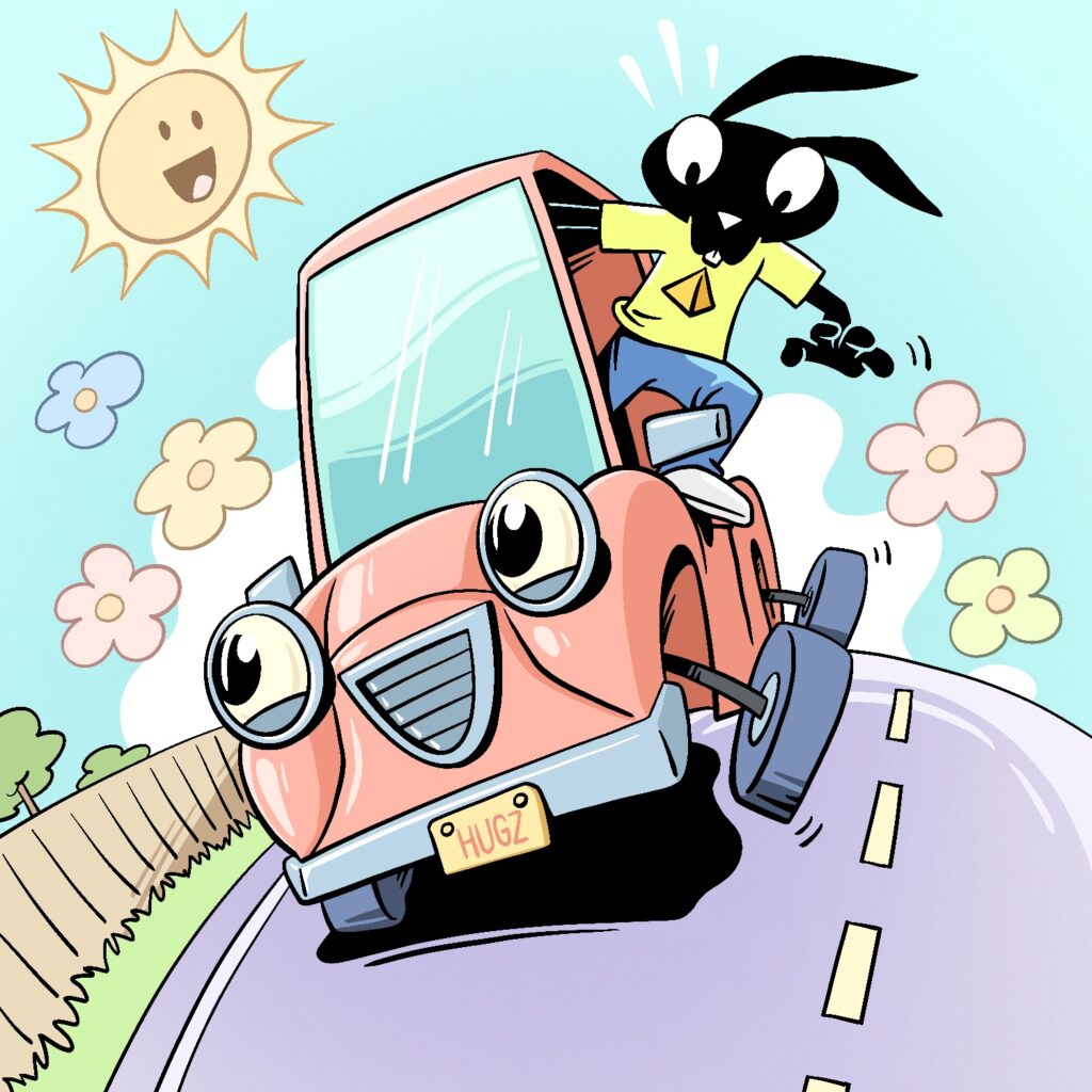 A cartoon illustration of a car dancing down the road, looking bubbly and happy. A black rabbit is climbing out of the driver-side window, looking down at the car with apprehension. The car is a shiny pink with a smiling grille and pale yellow eyes with large black pupils. It is leaning up on the passenger-side tires, with its other tires sticking out in the air. The car's license plate reads "HUGZ". The rabbit is wearing white sneakers, blue jeans, and a bright yellow shirt with a pyramid on it. There are three sharp stress lines emanating from the top of the rabbit's head. There are colorful pastel flowers floating in the air around the car, and the sun is smiling down at it. The road is curving as if it is being viewed through a fisheye lens and is a pale lavender. The sky is a bright light blue and there is a curvy, blobby white shape behind the car, highlighting its happy mood.