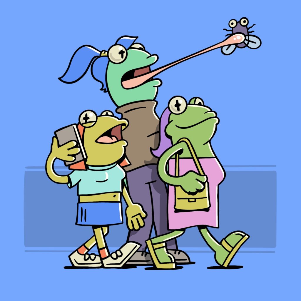 A cartoon illustration of three lady frogs walking together. Each is a slightly different shade of green. The front frog is smiling and has purple hair that curls at the ends. She is carrying a yellow purse and is wearing a pink tube dress and yellow sandals. The frog in the middle is much taller than the other two, and has blue hair tied back in a ponytail. She is wearing a dull brown shirt, purple pants, and gray shoes. Her mouth is open, and her tongue is sticking far out, catching a fly. The frog in the back is talking on the phone. She has bright red hair and is wearing a short, light turquoise shirt and a short blue skirt. She has light gray shoes with bright red socks. The background is a slightly muted blue, with a darker rectangle behind the frogs.