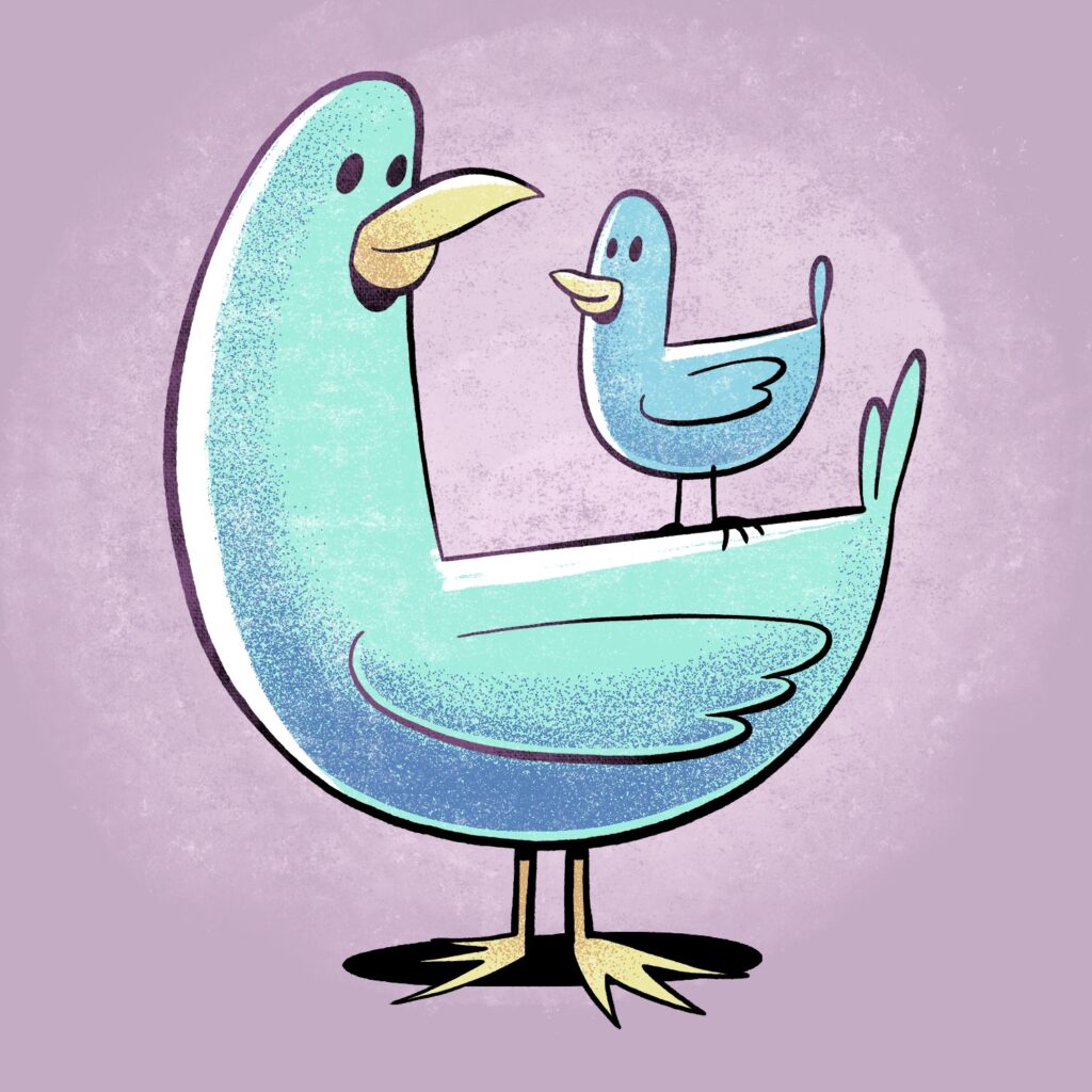 A cartoon illustration of a large bird with a small bird standing on its back. The large bird is turning to look at the small bird, and both are smiling. The large bird is a turquoise color and the small bird is a similar shade, but a little more blue. Both birds have pale yellow beaks and stippled undersides in a darker gray-blue. The background is lavender with a light wash around the center, and the colors are distressed to look like the drawing has some age to it.