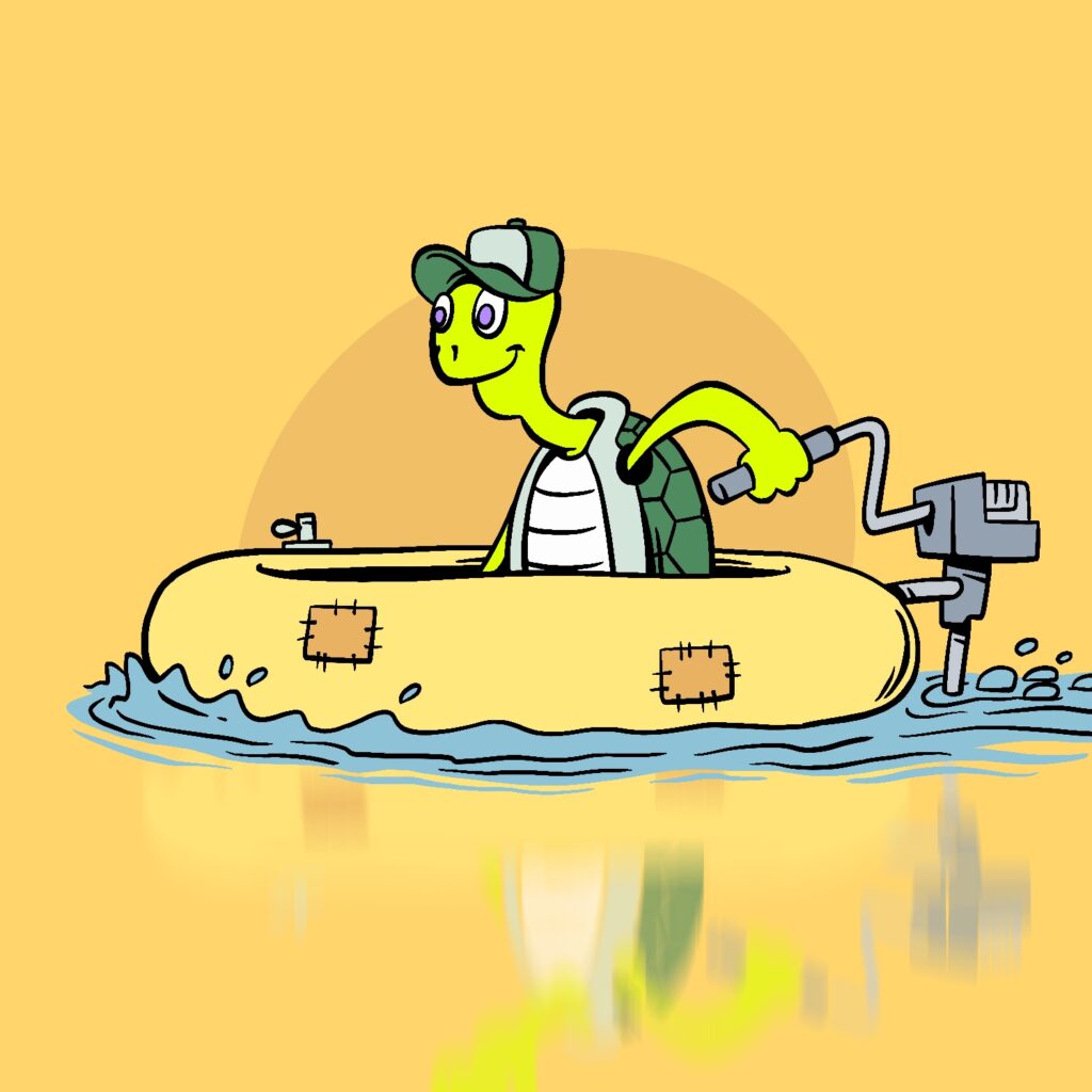 A cartoon illustration of a turtle driving a motorized inflatable boat. The turtle is wearing a green trucker hat. He is smiling, and has blue eyes, bright green skin, and a green shell. He is holding the rudder of a motor, attached to the back of the boat. The boat is a yellow inflatable raft with two orange patches on it. The ripples created by the boat are blue, and the reflection of the turtle and boat are visible underneath. The background, which includes most of the "water" area, is a yellow-gold color.