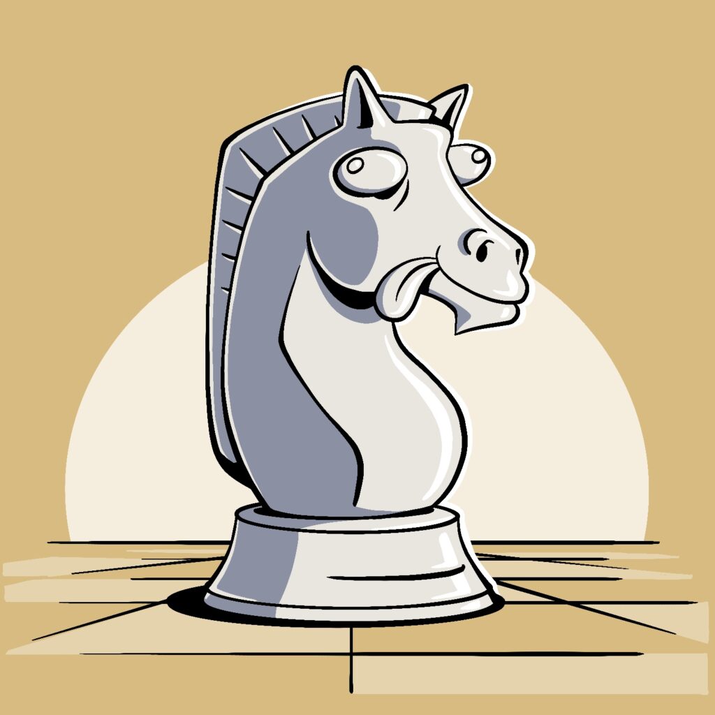 A cartoon illustration of a chess piece, the knight, which is a small bust of a horse on a tiny pedestal. The horse's eyes are bugging out and walleyed, and his tongue is sticking out of a goofy smile. The piece is a warm light gray with large blue shadows on the left side and bright shiny highlights on the right. The background is a gold color with a half circle of light behind the piece, and a faded checkerboard beneath it.