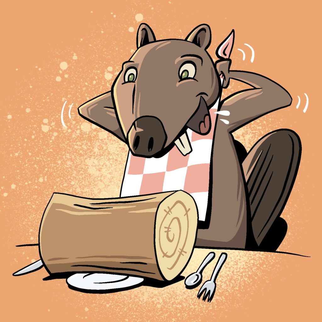 A cartoon illustration of a beaver getting ready to eat a log. The log is sitting on a plate that is much too small for it, with knife, fork, and spoon on the table next to it. The beaver is looking down at it with an excited look on his face, as he ties a checkered bib behind his neck. The beaver is a light brown with dark brown nose and tail. He has green eyes and pale-yellow front teeth. The bib is red and white. There are motion lines around his elbows and visible hand, and two drops of spit coming from his open mouth. The log is a light orange-brown color, with a pale-yellow end. The background is orange with a splatter of yellow paint behind the beaver and log.