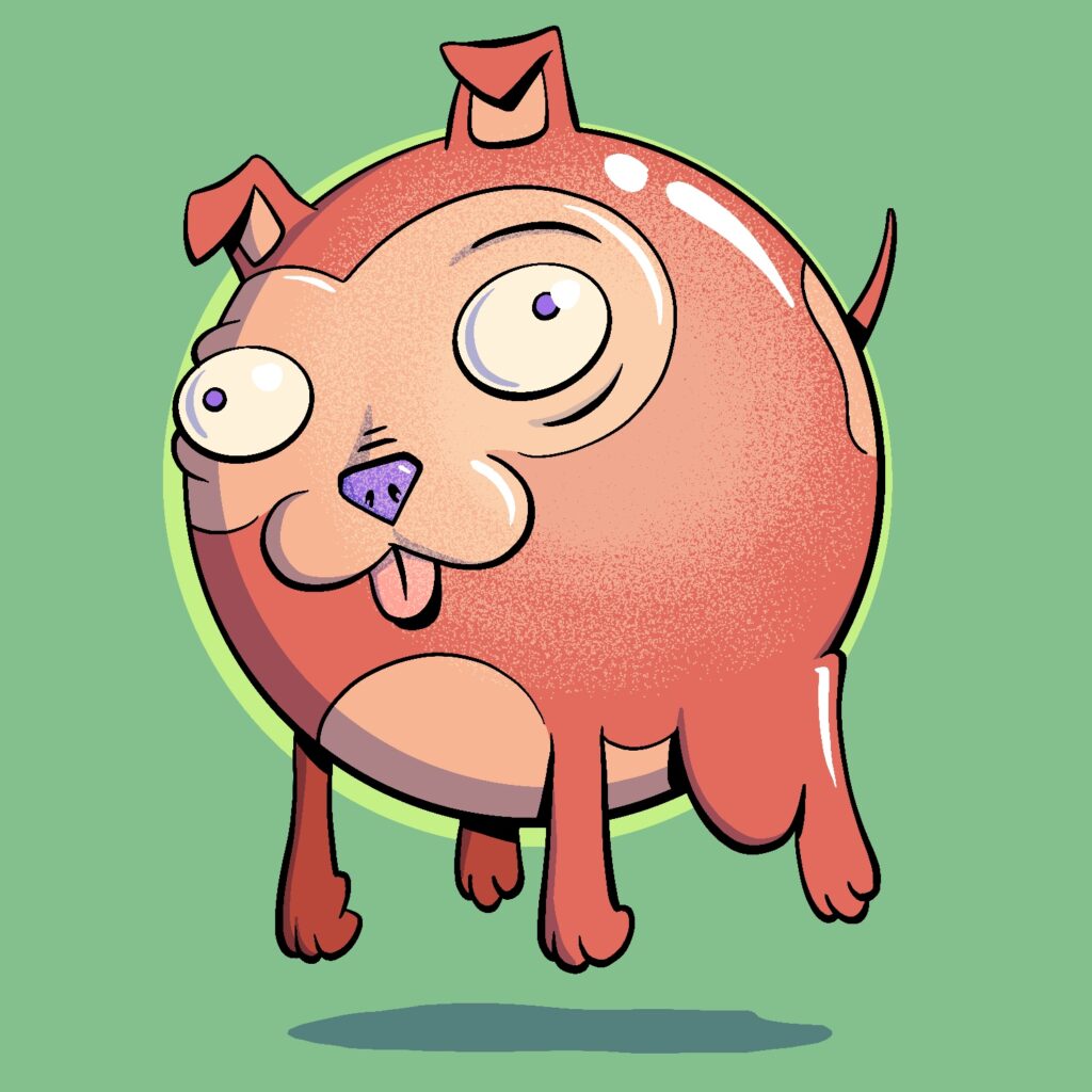 A cartoon illustration of a dog in the shape of a ball, floating in the air like a balloon. The dog looks a little like a pug, though his breed is not defined. He has a wide face with bugged out, walleyed eyes. His tongue is handing out of his mouth, and he has a vacant look on his face. His body is a sphere, his small ears and short tail are sticking up, and his legs are dangling underneath him. He has red fur and a light red belly, butt, and face area. His eyes and nose are purple. There is a small shadow a little underneath him, indicating that he is floating. The background is a muted green.