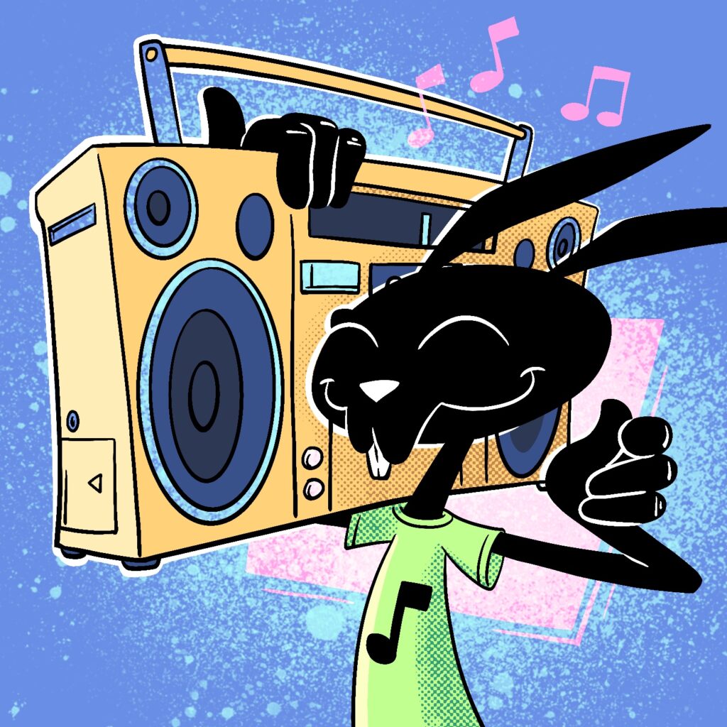 A cartoon illustration of a black rabbit carrying and listening to a giant boombox. The rabbit is all black, is smiling, and has his eyes closed. His ears are blowing away from the boombox. His free hand is snapping along with the beat. He has a white nose and front teeth and is wearing a bright green shirt with a musical note on it. The boombox is a pale gold color with blue trim. The rabbit is carrying it on his shoulder right next to his head. The background is blue with light blue paint spots, and a translucent pink square behind the rabbit. Musical notes in the same color are above him.