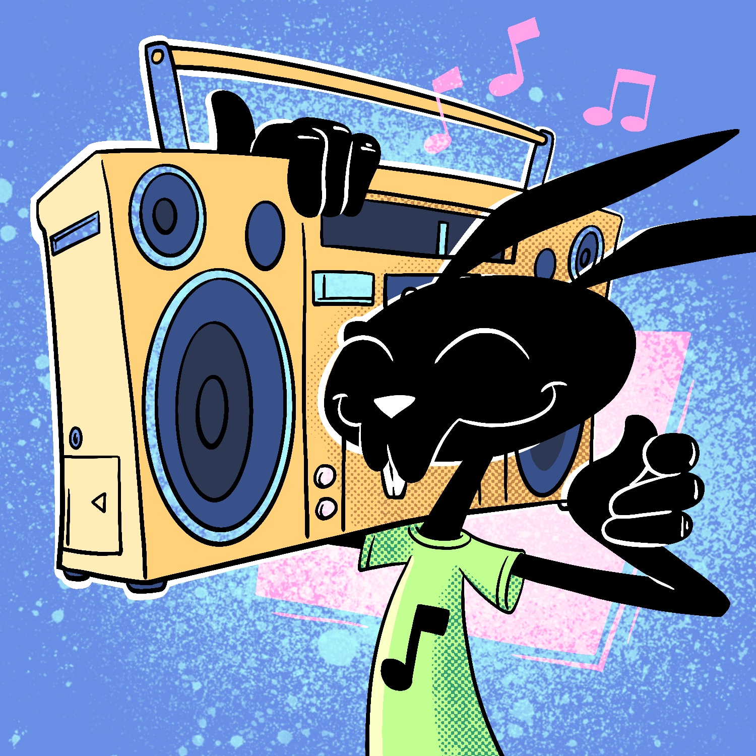 A cartoon illustration of a black rabbit carrying and listening to a giant boombox. The rabbit is all black, is smiling, and has his eyes closed. His ears are blowing away from the boombox. His free hand is snapping along with the beat. He has a white nose and front teeth and is wearing a bright green shirt with a musical note on it. The boombox is a pale gold color with blue trim. The rabbit is carrying it on his shoulder right next to his head. The background is blue with light blue paint spots, and a translucent pink square behind the rabbit. Musical notes in the same color are above him.