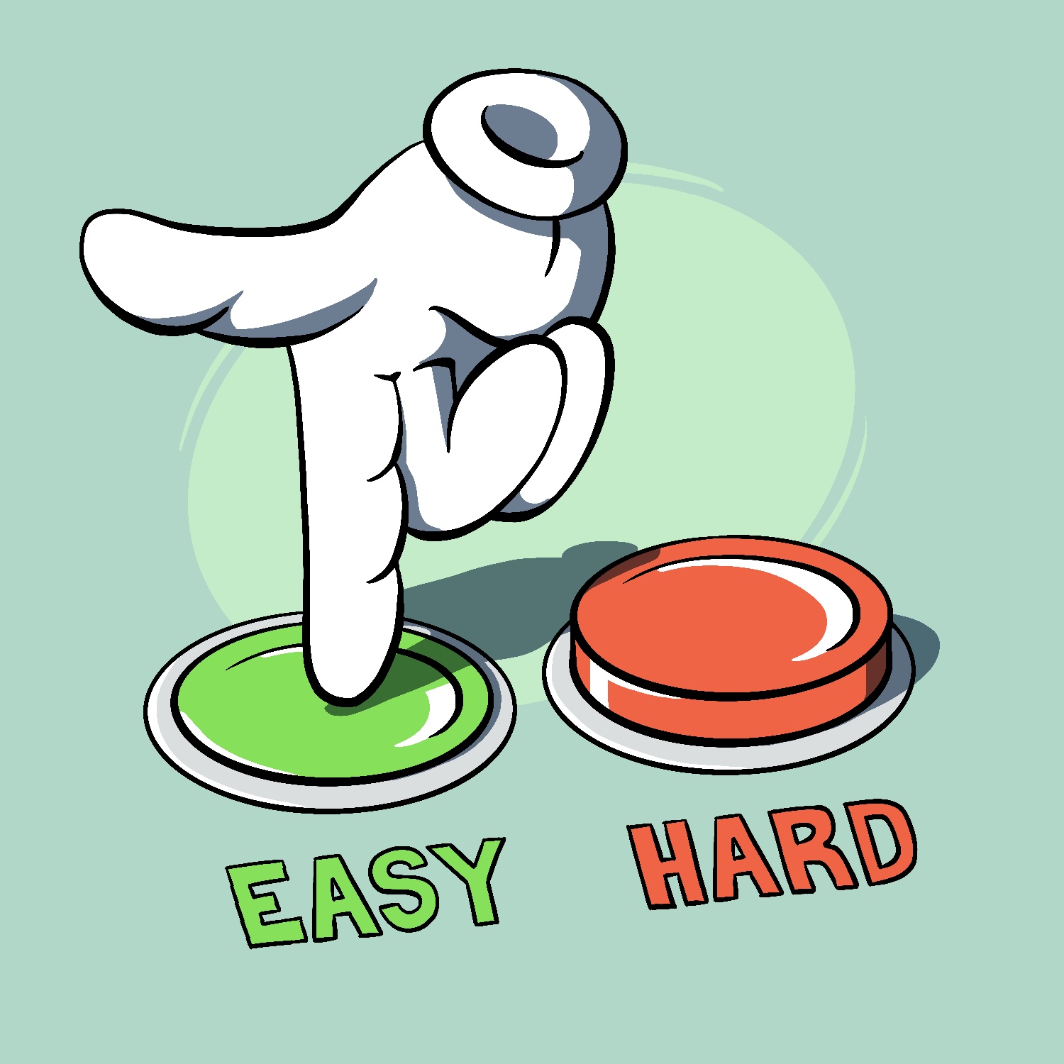 A cartoon illustration of a white glove pushing a button, with the label "easy" below it. The button being pressed is next to another button, which is not pressed and has the label "hard" below it. The "easy" button is green and the "hard" button is red. The background is a pale teal color, and there is a lighter colored oval behind the glove.