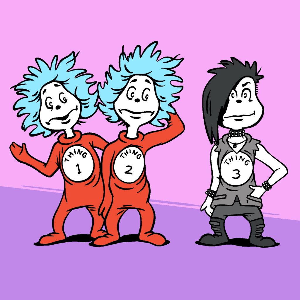 A cartoon illustration of Thing 1 and Thing 2, from the Dr. Seuss books, looking at another figure who looks strikingly similar to them and has "Thing 3" on his chest. Thing 3 is dressed in goth garb, with hair dyed black and combed over part of his face, a stubbed choker and bracelets, a gray leather jacket with the sleeves torn off, dark gray pants, and tall black leather boots with straps. Thing 1 and Thing 2 look like their traditional selves, with blue hair and red jumpsuits. They look perplexed by Thing 3. Thing 3 has a wry smile on his face. All of the Things have white skin. The background is pink with a purple streak going across and down towards Thing 3.