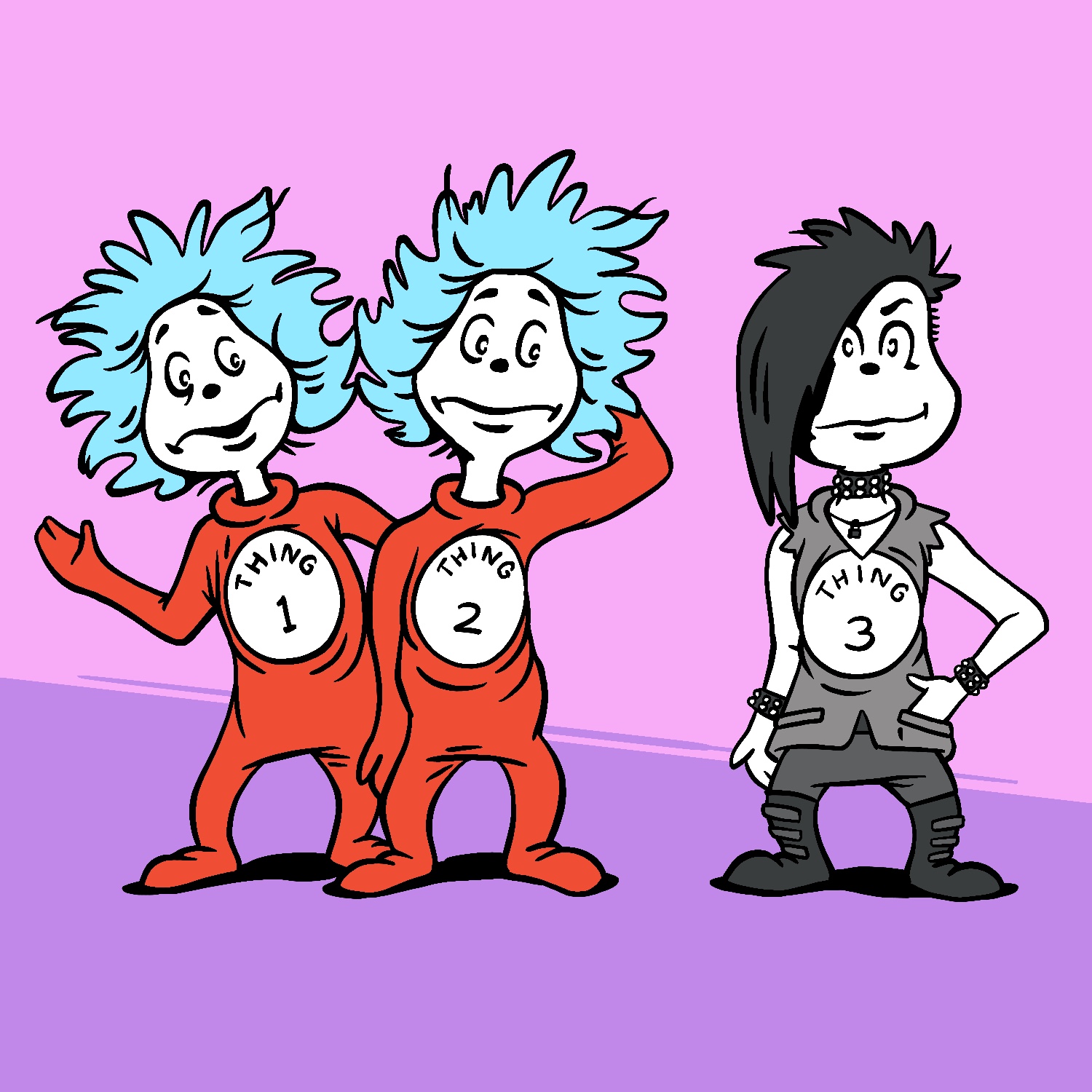A cartoon illustration of Thing 1 and Thing 2, from the Dr. Seuss books, looking at another figure who looks strikingly similar to them and has "Thing 3" on his chest. Thing 3 is dressed in goth garb, with hair dyed black and combed over part of his face, a stubbed choker and bracelets, a gray leather jacket with the sleeves torn off, dark gray pants, and tall black leather boots with straps. Thing 1 and Thing 2 look like their traditional selves, with blue hair and red jumpsuits. They look perplexed by Thing 3. Thing 3 has a wry smile on his face. All of the Things have white skin. The background is pink with a purple streak going across and down towards Thing 3.