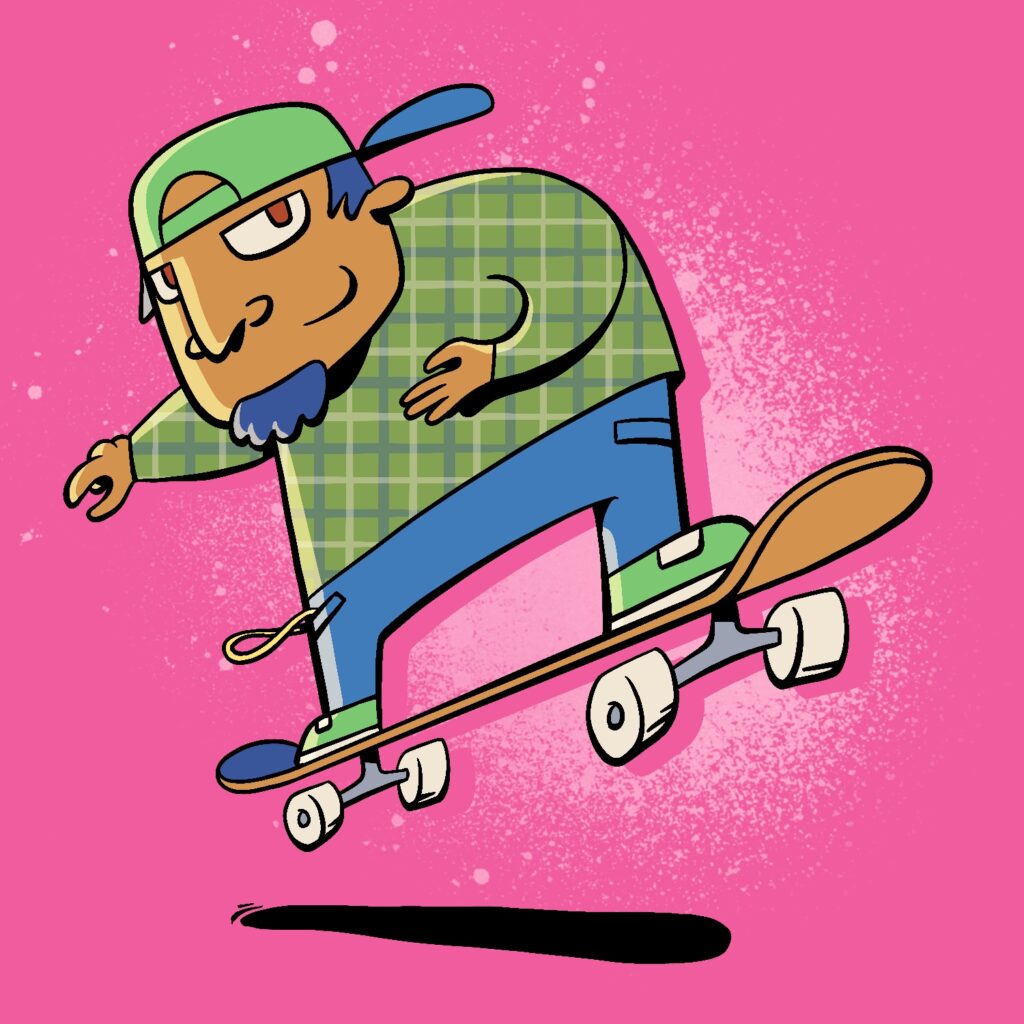 A cartoon illustration of a man doing a jump on a skateboard. The man is squat and wide, and has his head hunched down, his front arm over his chest, and his back arm trailing behind. He is looking towards the viewer and smiling. He has a medium complexion, red eyes, and muted blue hair. He is wearing a backwards green ballcap with a blue bill that curls up at the end, a plaid green shirt, blue jeans, and green shoes that match his hat. He has a pocket chain hanging out, waving in the air. His skateboard is orange with a blue top and white wheels. The background is pink with a lighter pink splotch of spray paint over it.