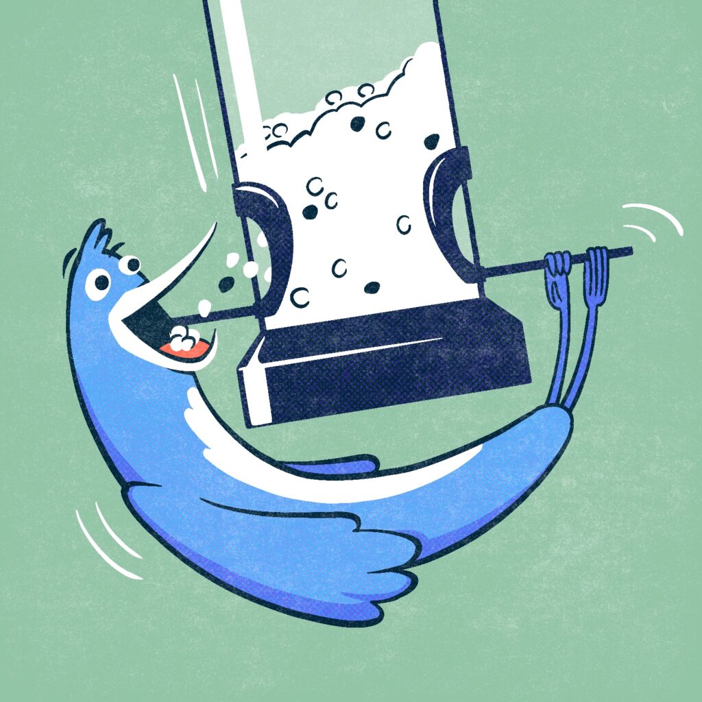 A cartoon illustration of a bird dangling from one side of a hanging bird feeder while gobbling up seeds falling from the opposite side. The bird is hanging upside down and its body is arching upward underneath the bottom of the feeder. It has its mouth open in a smile, and a pile of seeds are on its tongue. The feeder is tilted, making the seeds spill out. The bird is blue with a white beak and belly. The feeder is done in monochrome, and the seeds are mostly white with speckles of black here and there. The background is a pale green. The drawing is stylized to look like a vintage illustration, with a light halftone pattern visible on the bird and feeder, and a faint distressed effect over the entire image.