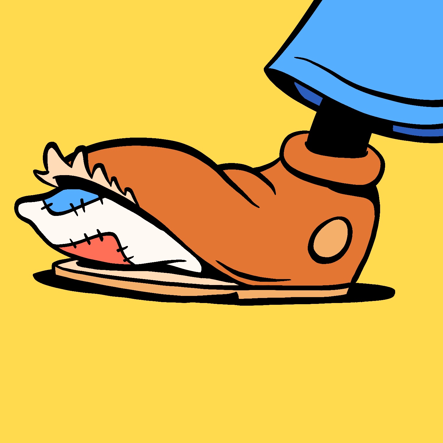 A cartoon illustration of a foot in a busted shoe. The shoe is ripped open at the end and a socked toe is sticking out. The sock is covered in patches. The shoe is orange with a light orange sole and circle emblem on the side. There is a torn edge sticking up from the top. The sock is white and has blue and red patches on it. The leg is black, and there is a bit of blue pants leg at the edge of the image. The background is bright yellow.