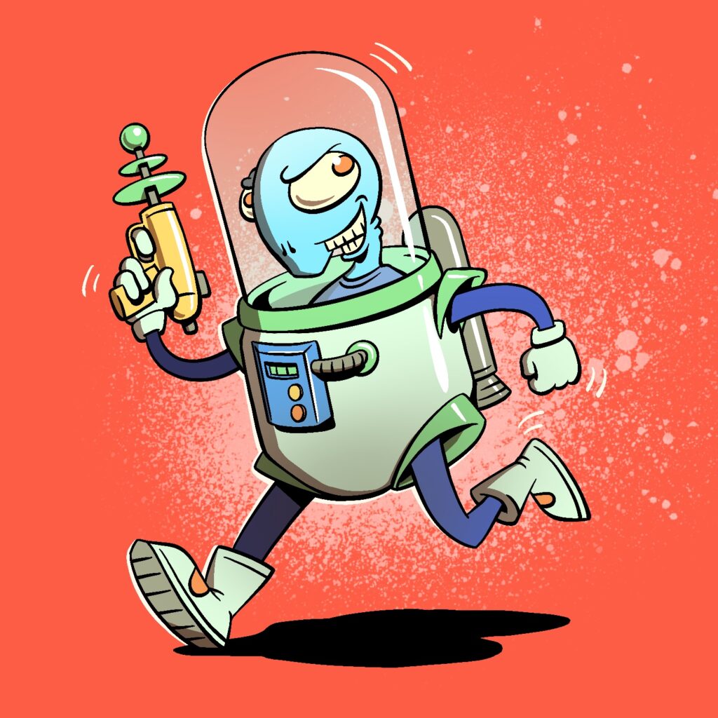 A cartoon illustration of an alien in a spacesuit running, carrying a laser gun. The alien is frowning and grinning mischievously. He is looking back and up. He is bald with light blue skin, red eyes, slits for nostrils, and is wearing a blue shirt. His spacesuit has a big glass bulb for a helmet, and the body is similarly bulky. His thin arms and legs stick out of framed holes. He is wearing light green boots and gloves. The laser gun is pointed upward and is yellow with a green bulb at the end. There is a simple control panel on the front of the spacesuit and a rocket on the back. The background is red, with a puff of pink spray paint over it.