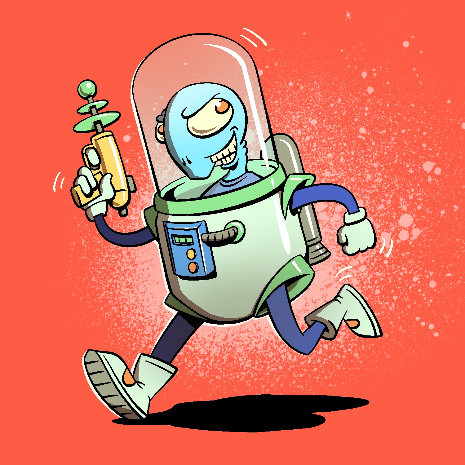 A cartoon illustration of an alien in a spacesuit running, carrying a laser gun. The alien is frowning and grinning mischievously. He is looking back and up. He is bald with light blue skin, red eyes, slits for nostrils, and is wearing a blue shirt. His spacesuit has a big glass bulb for a helmet, and the body is similarly bulky. His thin arms and legs stick out of framed holes. He is wearing light green boots and gloves. The laser gun is pointed upward and is yellow with a green bulb at the end. There is a simple control panel on the front of the spacesuit and a rocket on the back. The background is red, with a puff of pink spray paint over it.