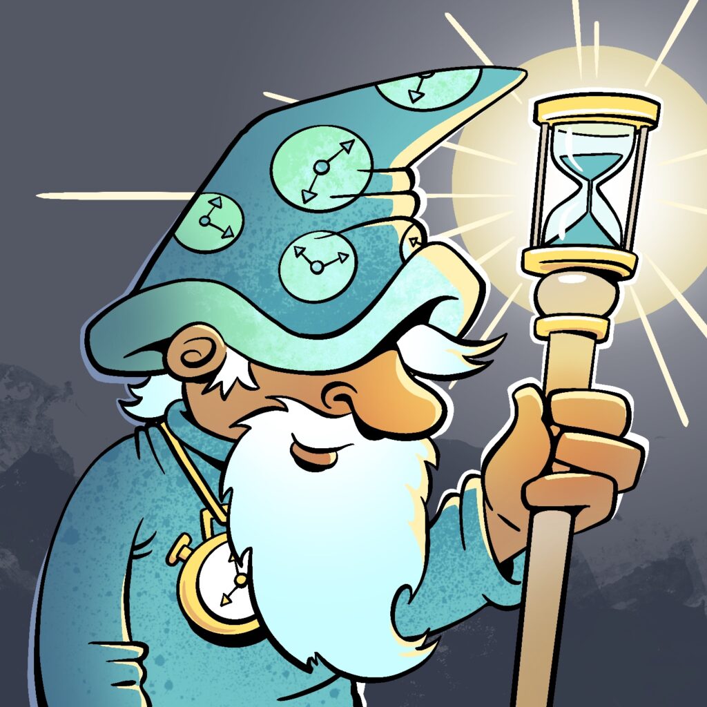 A cartoon illustration of Father Time, depicted as an old man wearing a wizard-like suit and holding a staff. The old man has a medium complexion and is smiling. He has long, white, scraggly hair that is coming out from under his hat, and a long white beard that curls up at the end. Only his large nose and ear is visible under the low brim of his hat. The hat is cone-shaped and bends downward in the front. It is adorned with clock symbols. The old man is slightly hunched and is wearing a large gold clock around his neck. His robes and hat are teal and splotchy. His staff is made from wood and gold and is topped with a gold hourglass which is emitting rays of light. The background is a messy slate color.