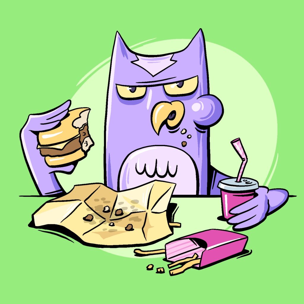A cartoon illustration of a grumpy owl eating a fast-food burger and fries. The owl is scowling and chewing a mouthful of food. He is holding a burger with a giant bite taken out of it in one wing, and his drink cup in the other. There is a greasy burger wrapper on the surface in front of him, as well as a mostly empty fries container, with a few fries and crumbs strewn about. The owl is purple with a lavender chest, yellow beak and eyes, and a bulging cheek. There are a few crumbs coming out of his mouth. The burger is a simple cheeseburger with a bun, patty, and slice of cheese. The burger wrapper is yellow and has fold marks on it. The drink cup and fries box are fuchsia, with stripes on the inside of the carton and straw. The background is bright green with a pale green ellipse behind the owl.