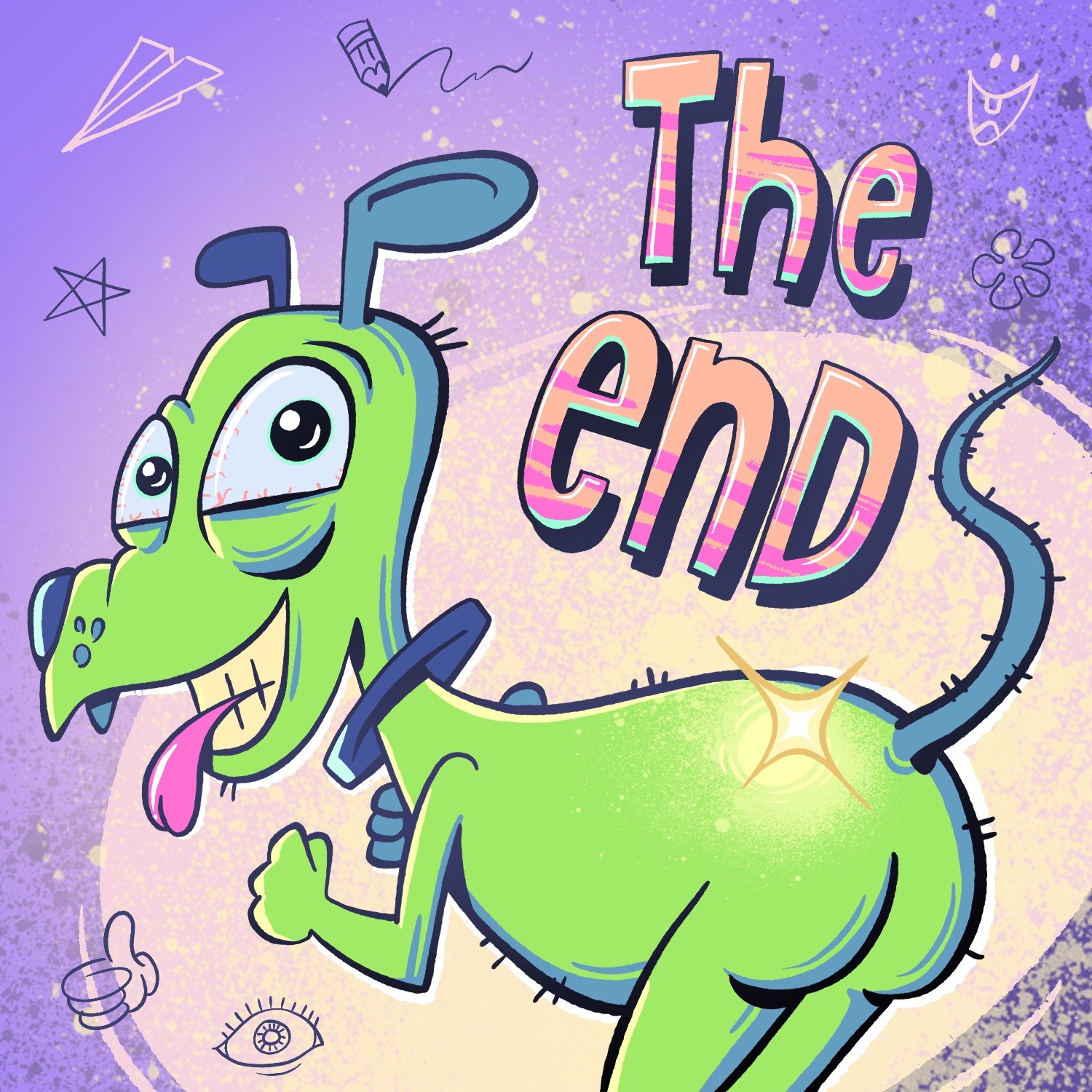 A cartoon illustration of a dog turned around, showing his bottom, and snickering about it. The dog is bright green and looking over his shoulder at the viewer. His bottom, with butt cheeks, is sticking out with tail up on the right. The dog has blue ears and nose, and little hairs protruding from various parts of his body. The dog's eyes are slightly bloodshot, and his blue collar is too big. The background is a purple color with a pink ellipse over it, spray paint splotches, and small doodles. The words "the end" float over the dog's bottom on the upper right, in orange with pink streaks.