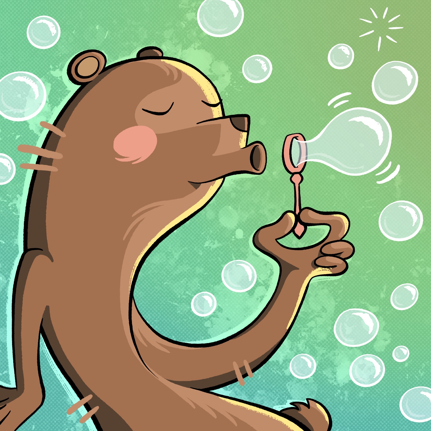 A cartoon illustration of a bear blowing bubbles. The bear is brown with pink cheeks and has its lips puckered, blowing a bubble through a small pink loop. Its eyes are closed. The bear is drawn in a fluid way, with its body arcing toward the loop, back in the middle, and then forward again at the bottom. Its free hand is splayed in the air behind it and its tail is visible as its body twists toward the bottom. The negative space around the bear is filled with bubbles of different sizes. The background is a pain-speckled blue green with a slight halftone pattern.