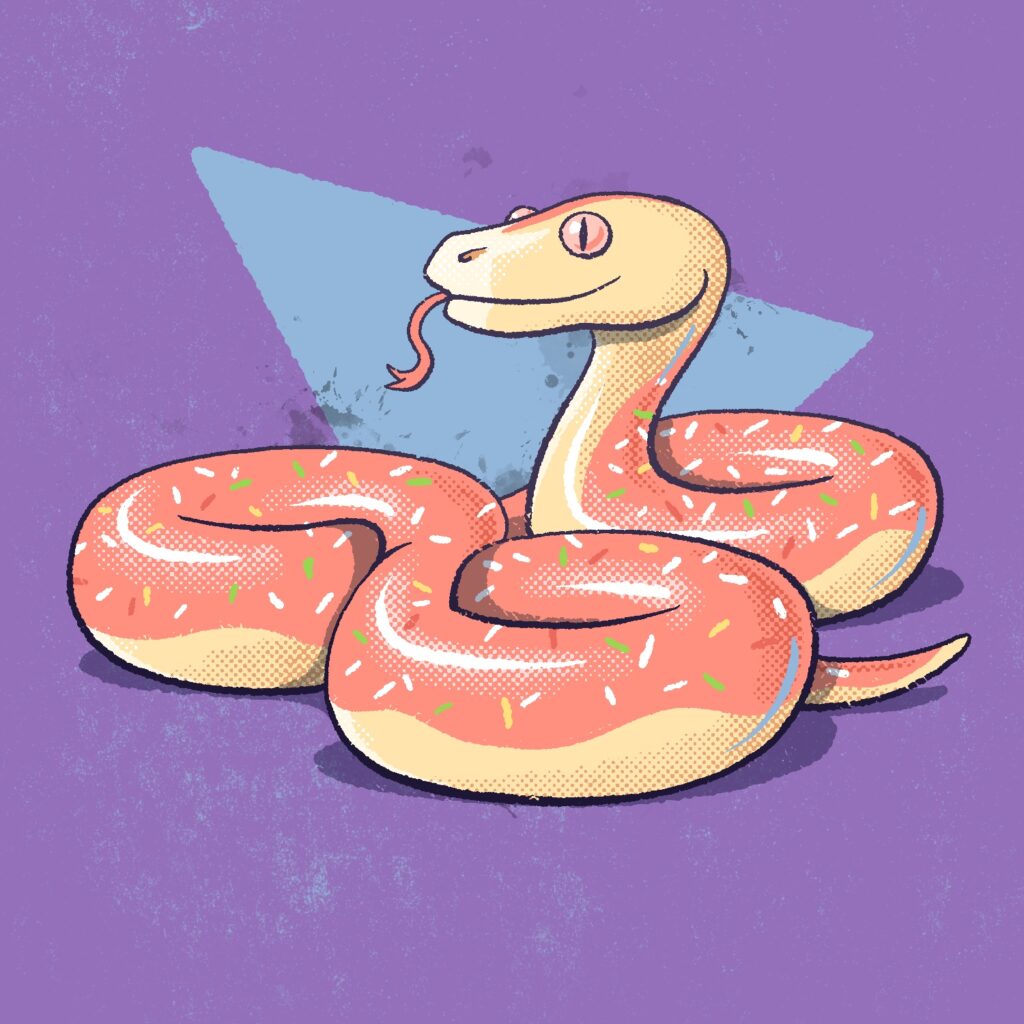 A cartoon illustration of a snake coiled into multiple rolls, with its head sticking up above them, and tongue out. The coils are round and the snake is colored pink with a gold belly. It has white, yellow, green, and red speckles on its top, making the coils look like frosted pink donuts with sprinkles on top. There is a light blue triangle angled behind the snake, over a lavender background.