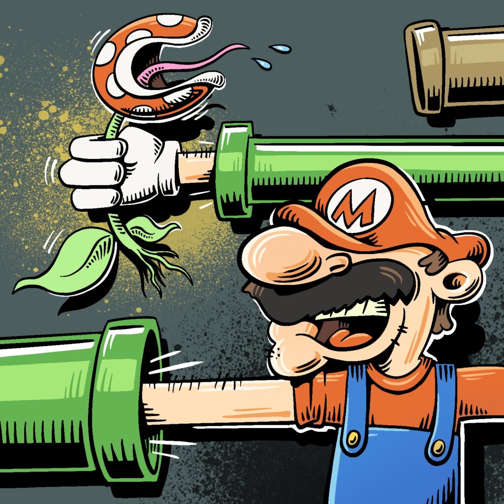 A cartoon illustration of Super Mario plunging his arm into a pipe, and the arm coming out of a pipe in the background holding an uprooted Piranha Plant. Mario is drawn with his hat pulled down over his eyes, and he has his mouth open, yelling. He is wearing his traditional outfit of red hat, red shirt, and blue overalls. The Piranha Plant looks as if it is gasping, with small globs of spit flying out of its mouth. Its roots are visible at the bottom. The pipe that Mario's arm is traveling through is green, and there is another brown pipe end in the distance, above Mario. The entire piece is shaded with large areas of black and hashed, contoured lines for shading, almost like a wood-cut print. The background is a muted teal, with a splotch of black spray paint behind Mario and gold spray paint behind the Piranha Plant.