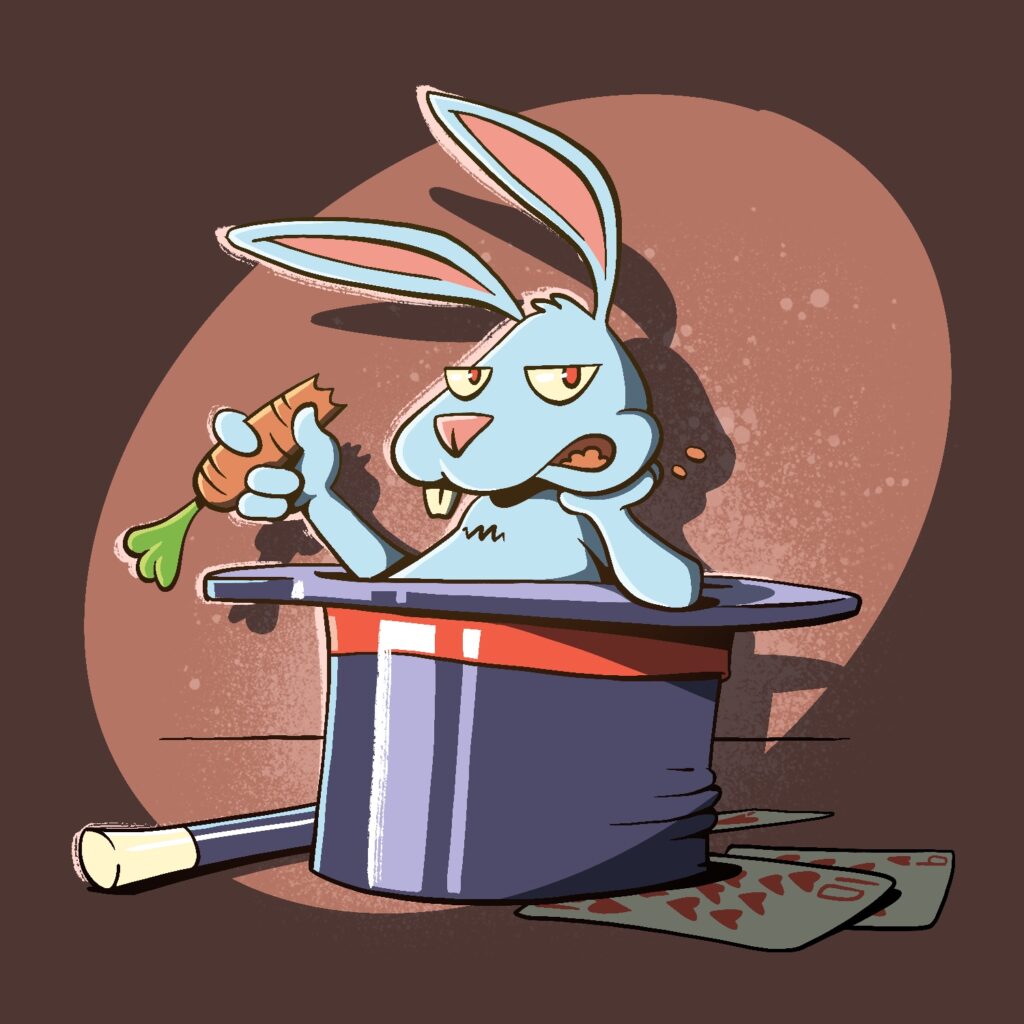 A cartoon illustration of a rabbit leaning on his arm and eating a carrot, while resting in a magician's hat. The rabbit has eaten part of the carrot, and some of it is visible in his mouth. He is holding the carrot in his free hand with only his thumb and index finger, as if he is bored. He is looking at the viewer. His ears are falling forward. The rabbit is a light blue color with red eyes and a pink nose. The magician's hat is crumpled slightly on the side, as if it is being compressed by the rabbit. It is a dark, muted purple color with a red ribbon around the body of the hat, near the brim. There is a magic wand laying behind the hat, and various playing cards are sticking out from underneath it. The rabbit is highlighted by a hard spotlight. The background is a dark pink with some spray paint spots behind the rabbit and hat.