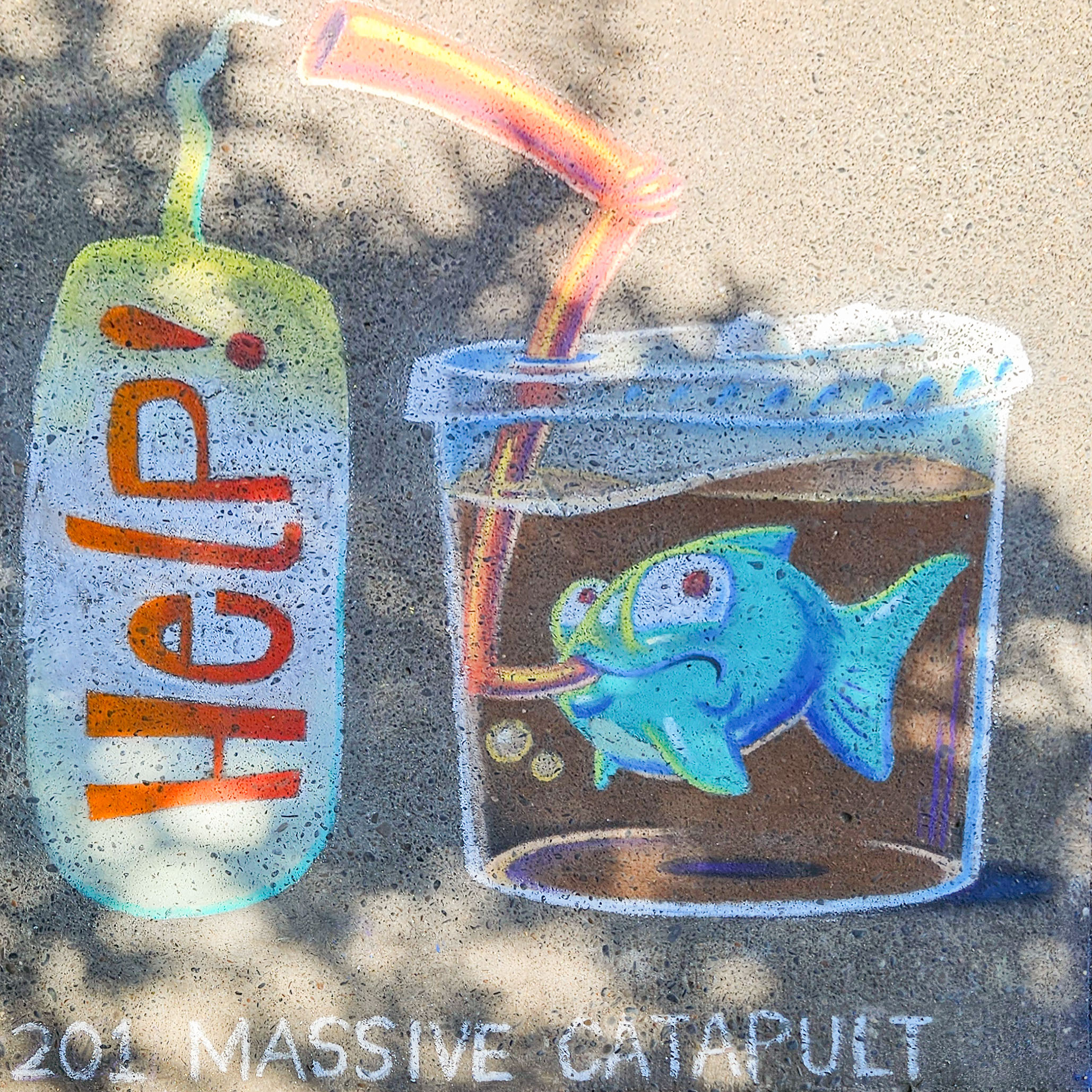 A chalk drawing on aggregate concrete. The drawing is of a fish in a soda cup, with the bottom end of a drinking straw in its mouth. A word bubble with the word "Help!" is coming out the other end.