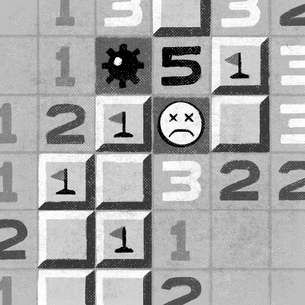 An illustration of a game of Minesweeper, a classic computer game played on a grid in which the player flags and clears hidden mines. Many of the squares are cleared, with the remaining squares are blank, flagged, or showing a number, indicating the number of bombs in the adjacent squares. One square displays a face with x's for eyes, indicating that the player clicked a mine on accident and lost the game. A nearby square has a mine on it, showing a missed bomb. The drawing is made to look slightly weathered and is in black and white.