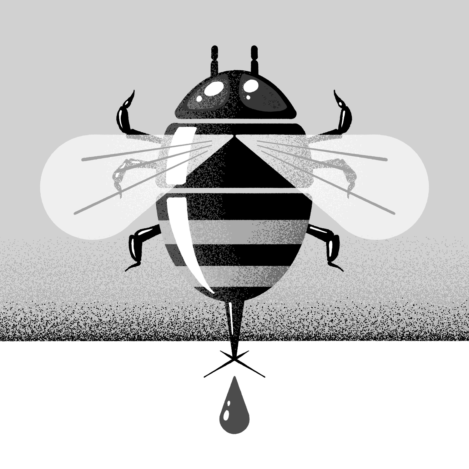 An illustration of a bee stinging some flesh. The drawing is styled so that everything is very symmetrical and geometric. The bee is straight on from the viewer, with its stinger going into a white plane meant to be flesh. There is a large X at the point of the sting, and a single drop of blood is below it. The bee's legs are drawn disproportionately small to its body, and its wings are spread. The drawing is in black and white.