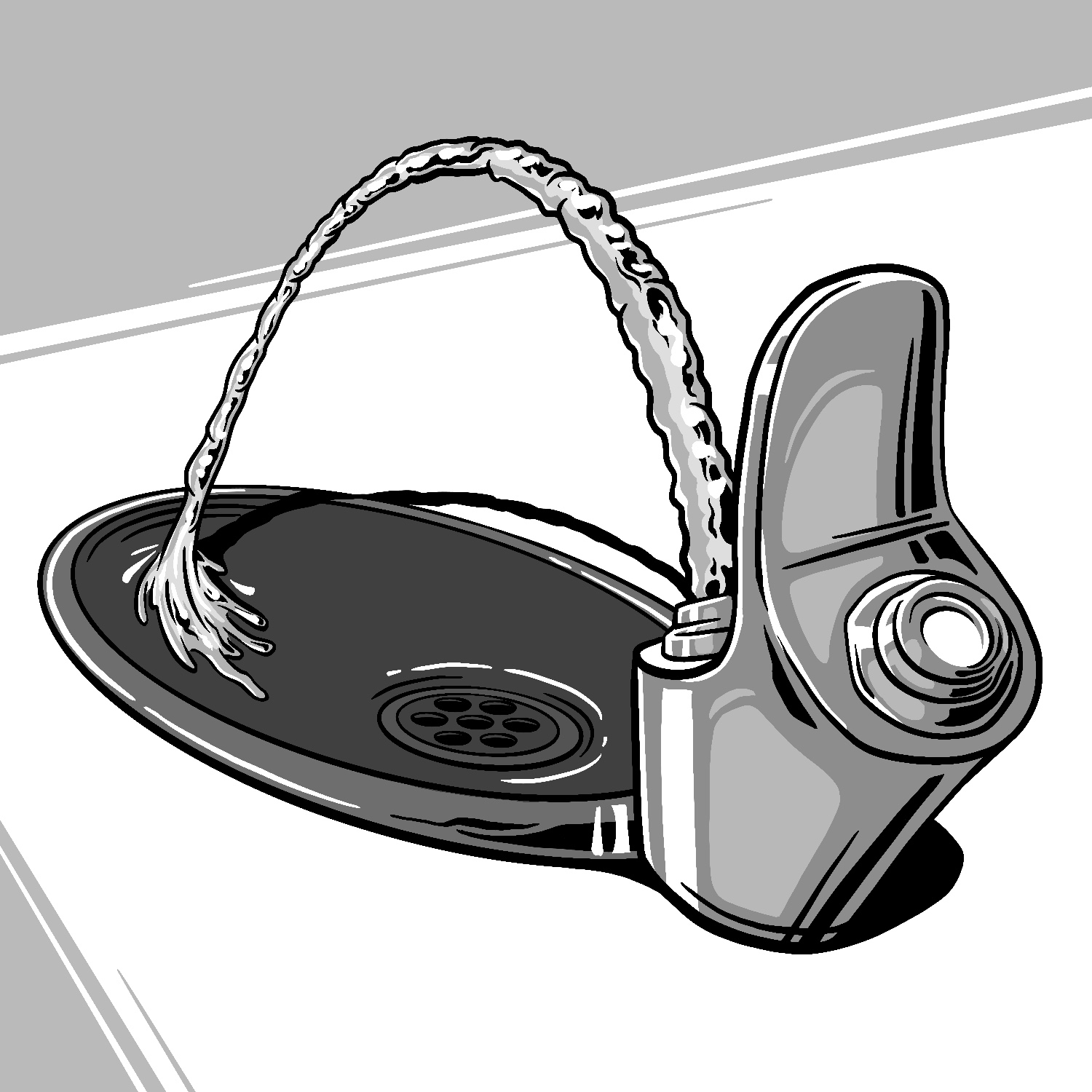 An illustration of a water fountain spigot shooting an arc of water into an attached, circular basin. The spigot and rim of the basin have a metallic look, and the water is just barely splashing into the far end of the basin. The basin has a large drain off center, with a number of holes in it. The arc of water and spigot are casting hard shadows onto the background, which is a large white space with gray cutting in at the top and bottom left corner at different angles. The elements are outlined and presented in perspective, with the spigot being close to the viewer and very large, but the perspective is loose and slightly nonsensical, with the drain in the basin at a slight angle and a bit too large. The drawing is in black and white.