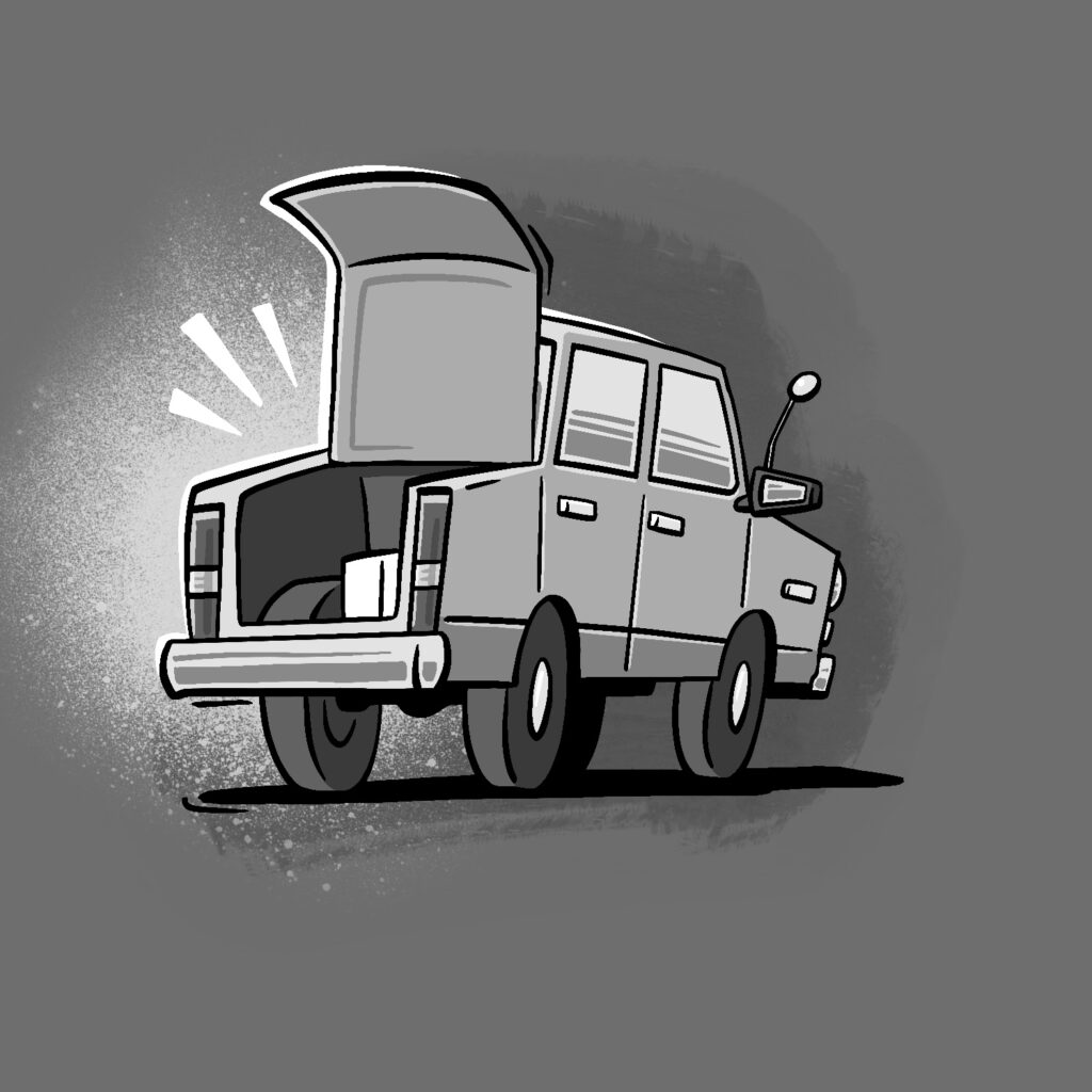 An illustration of a cartoon car, drawn tall and squished front to back. The car is parked facing away from the viewer, at a three quarters angle. The trunk is open, and a package can be seen inside. Three lines emanate from the open trunk. The car is light gray with dark gray trim, dark gray tires, and a bent antenna with a shiny antenna ball on top. The background is a dark gray, with a splotch of light gray spray paint behind the open trunk, and a darker wash behind the rest of the car. The drawing is in black and white.