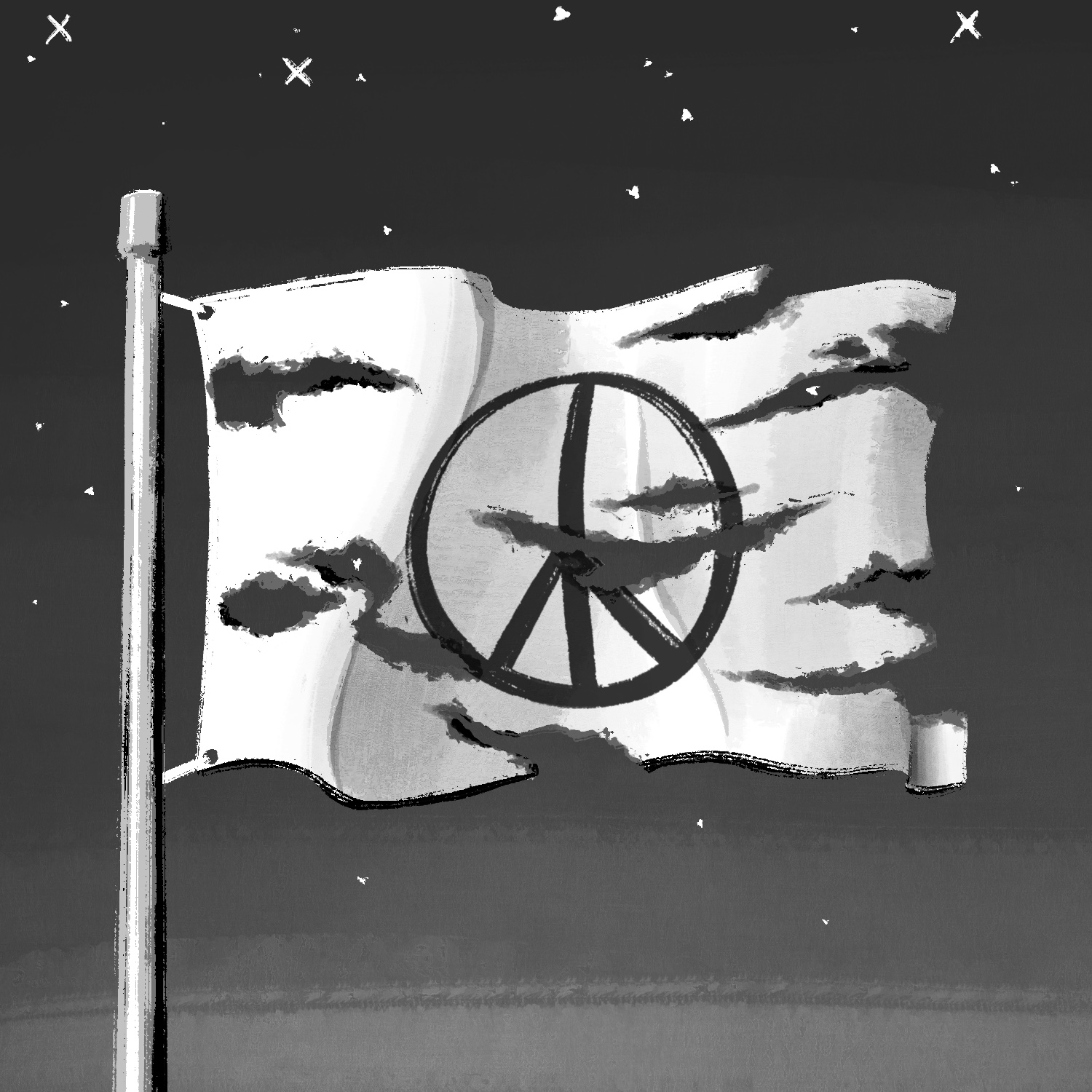 An illustration of a ragged flag flying on a flagpole. The view of the flag is close so that only a bit of the pole is visible. The flag is white with a dark gray peace symbol on it and has many horizontal rips and tears across its surface. The background is dark and fading slightly to light at the bottom of the image, with stars visible mostly near the top. The drawing is in black and white.