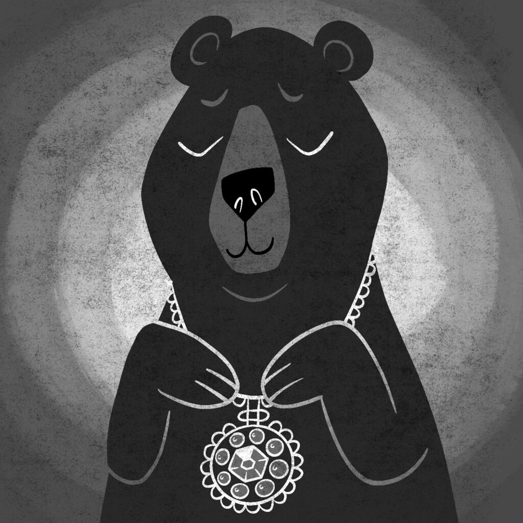 An illustration of a bear looking content and wearing a fancy necklace. The necklace hangs down around the bear's neck with a centerpiece hanging onto the bear's chest. The centerpiece is round with a large gem in the middle, a number of round gems surrounding it, and frills around the edge. The bear has its paws up, holding the ends of the centerpiece. The drawing is in black and white.