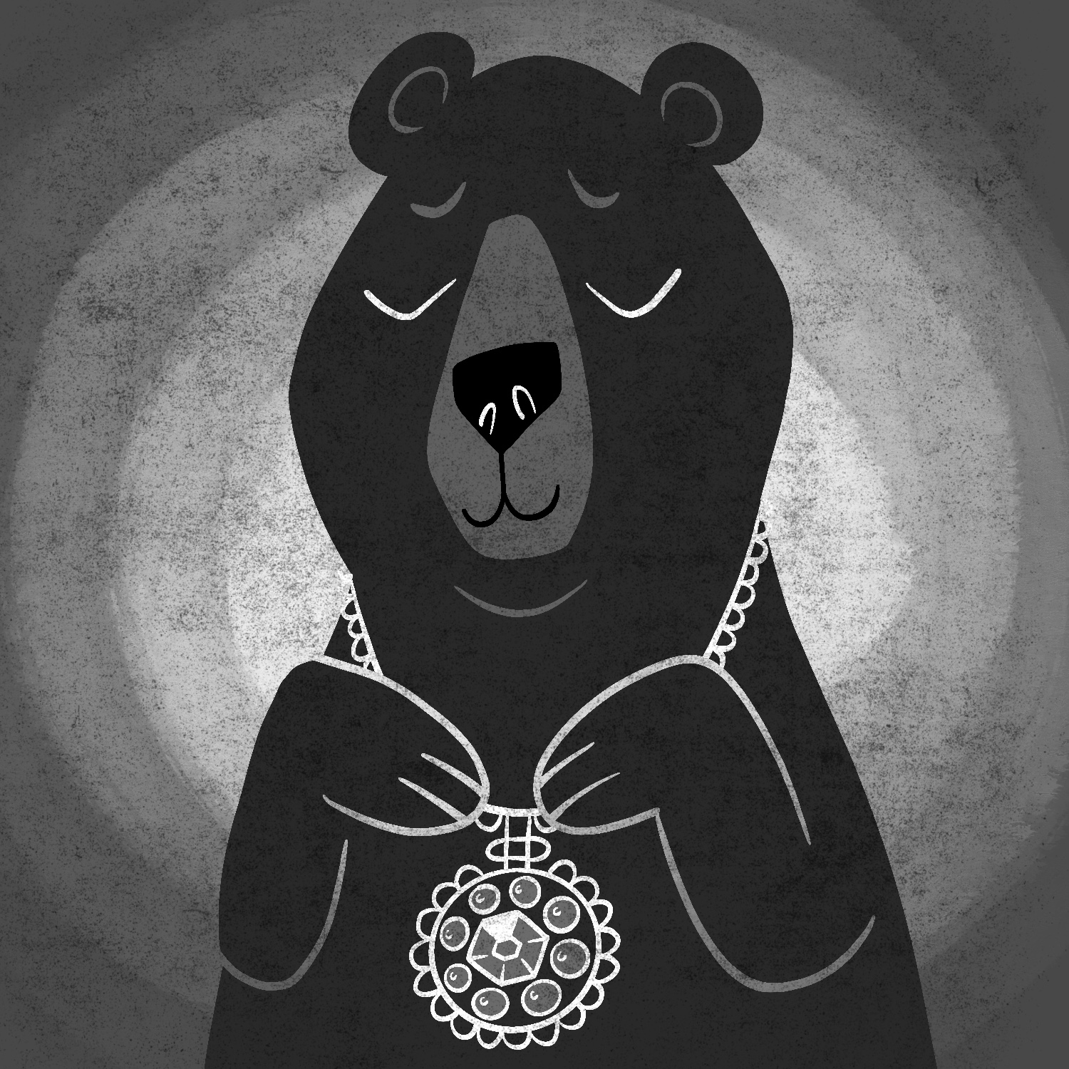 An illustration of a bear looking content and wearing a fancy necklace. The necklace hangs down around the bear's neck with a centerpiece hanging onto the bear's chest. The centerpiece is round with a large gem in the middle, a number of round gems surrounding it, and frills around the edge. The bear has its paws up, holding the ends of the centerpiece. The drawing is in black and white.