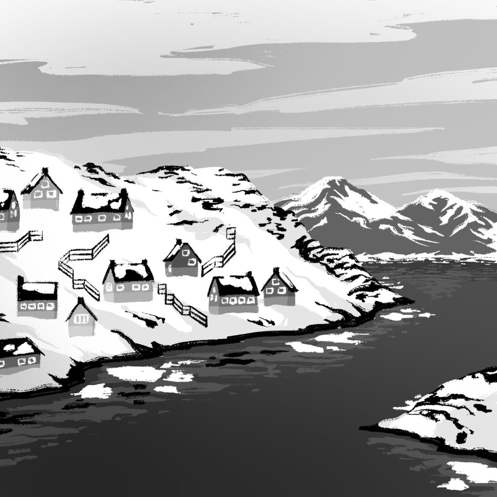 An illustration of a small seaside town in the arctic. The houses are all small, boxy, and have dark roofs and white-framed windows. There is snow on the ground and on the roofs, and bits of fencing going up and down the slopes of the land. The dark water has ice floating near the shore, and in the far distance are many floating bits of ice and large snow-topped mountains. The sky is a streaky gray and white. The drawing is in black and white.