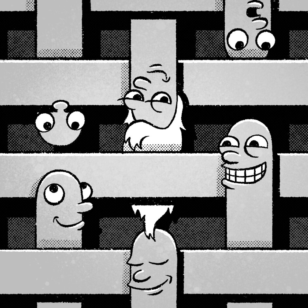 An illustration of a bunch of stripes weaved together in a crosshatch pattern. Some of the vertical stripes have heads on the ends, and each head has a different expression, such as smiling, looking at others, sleeping, etc. The drawing is textured with light spray paint splotches, a halftone pattern in the background, and harsh shadows. It is in black and white.