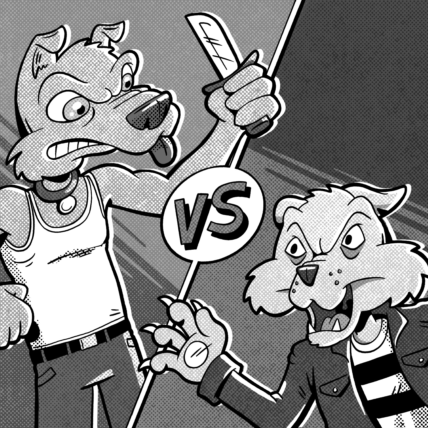 An illustration of two anthropomorphized cartoon animals ready to battle. The animal on the left is a dog wearing pants and a tank top, looking menacingly down at his opponent. He is frowning, gritting his teeth, and holding a knife out. His tongue is sticking out of his mouth in the front. The animal on the right is a cat wearing a leather jacket and striped shirt. He is also frowning, has his mouth open to reveal his fanged teeth, and is extending a hand with claws out. There is a slanted line running down the middle of the drawing, with a bubble in the middle with the letters "VS" on it. The drawing is done in the style of a comic book, with halftone pattern shading, and it is in black and white.