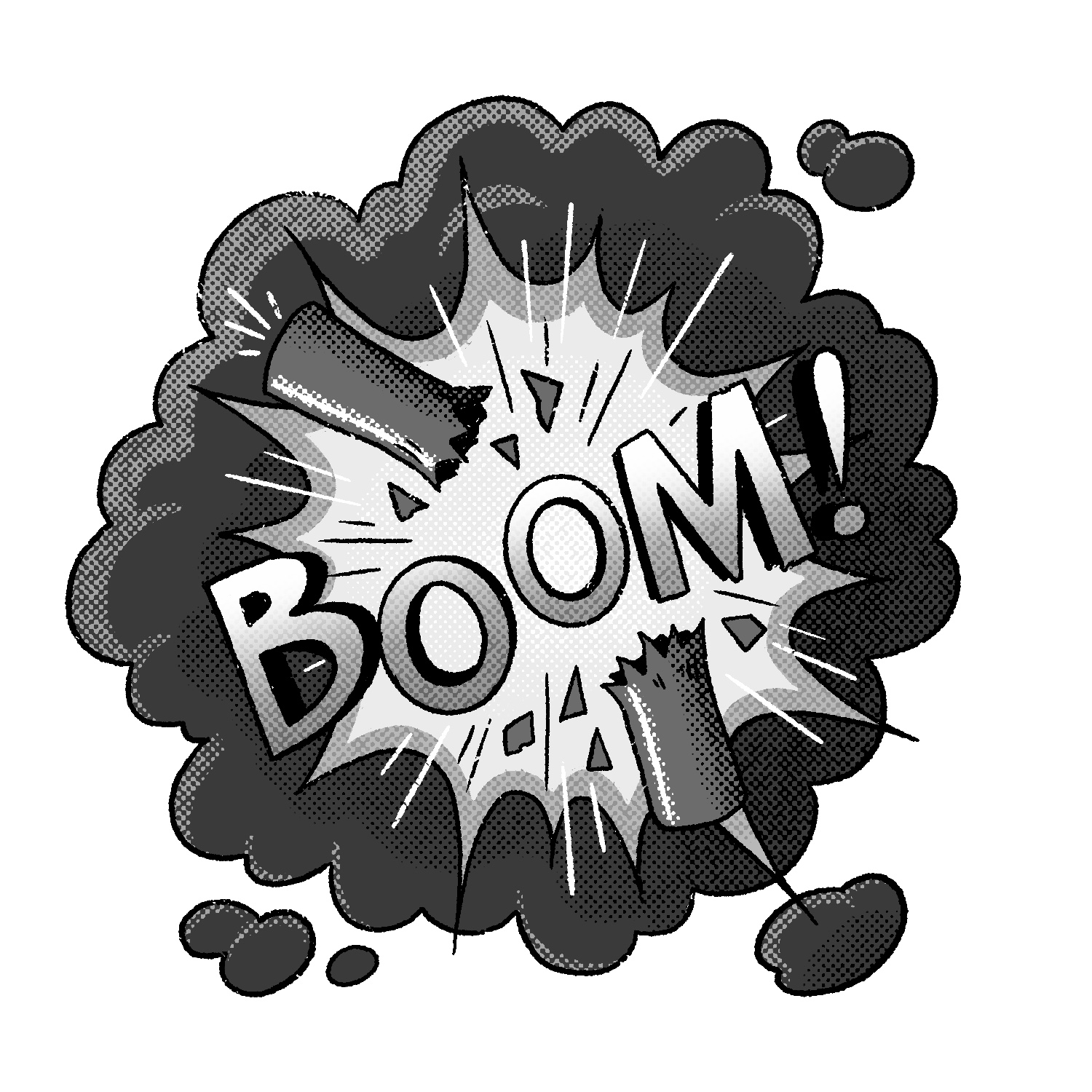 An illustration of a stick of dynamite exploding. The stick is broken into two main pieces, one flying up and the other flying down. There is a large blast behind them, with bits of the stick floating near the edges, and a puff of dark smoke behind the blast. The word "boom!" is bursting out of the center. The background is white. The drawing is done in black and white.