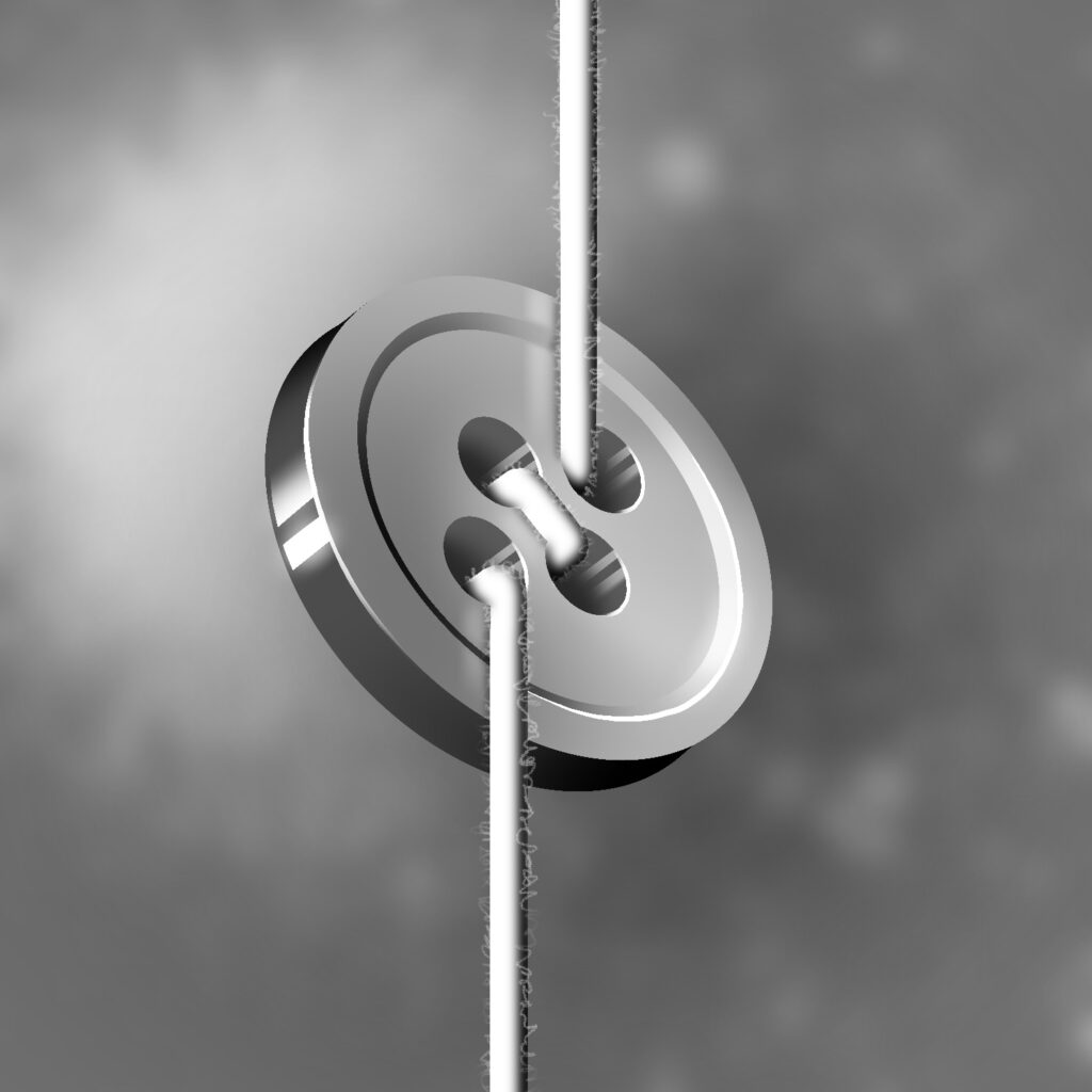 An illustration of a button with a thread looping through it. The thread is pulled taught vertically, and is holding the button at an angle, suspended in midair. The drawing is in black and white.