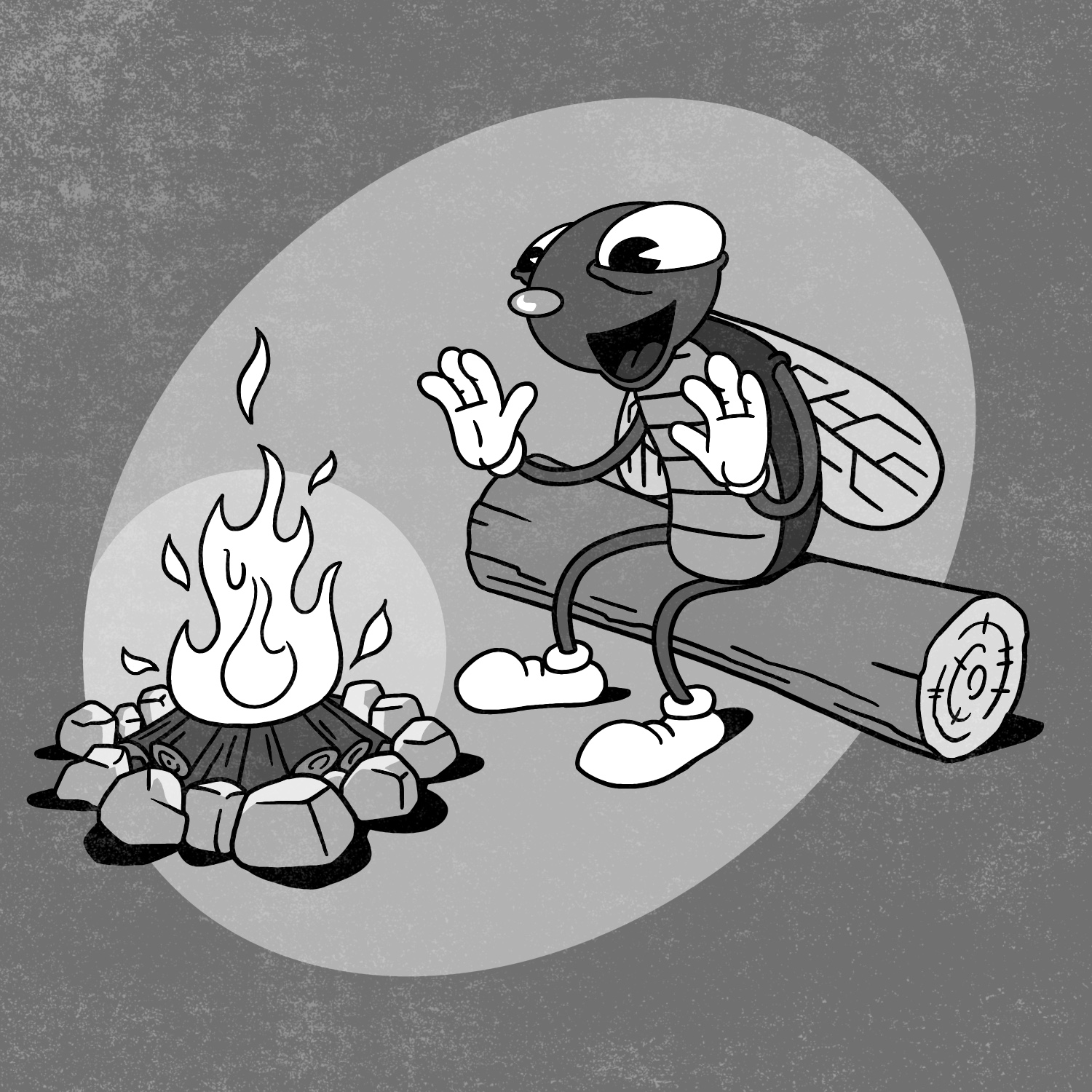 An illustration of a cartoon fly sitting on a log next to a small campfire. The fly is smiling with his mouth open, and has his hands extended towards the flame, to warm them. The drawing is done in the style of a vintage 1930's cartoon, and the fly's arms and legs are curved and noodle-like. The background of the drawing is gray with a lighter gray ellipse angled behind the fly and fire, with a smaller circle of even lighter gray behind the fire. The drawing is in black and white.