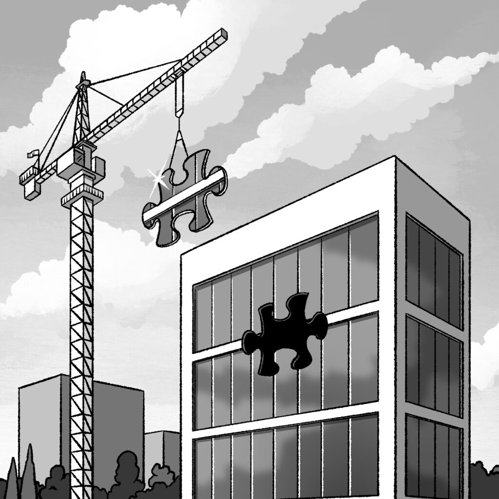 An illustration of a large multi-story building with a construction crane next to it. The building has a large hole in the middle in the shape of a traditional jigsaw puzzle piece, and the crane is holding a large puzzle piece which matches the hole. In the background are trees, other buildings, and the sky. The drawing is in black and white.