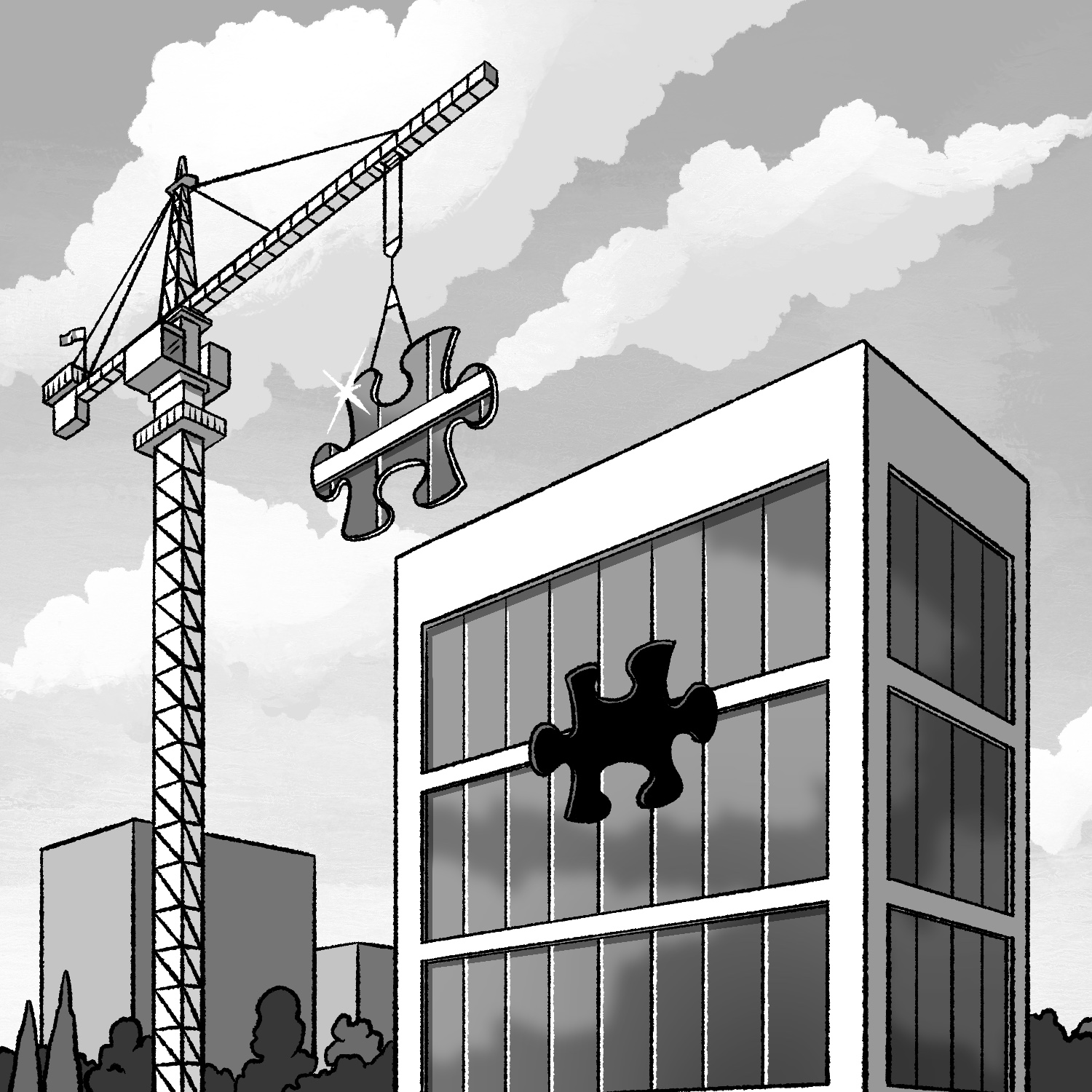 An illustration of a large multi-story building with a construction crane next to it. The building has a large hole in the middle in the shape of a traditional jigsaw puzzle piece, and the crane is holding a large puzzle piece which matches the hole. In the background are trees, other buildings, and the sky. The drawing is in black and white.