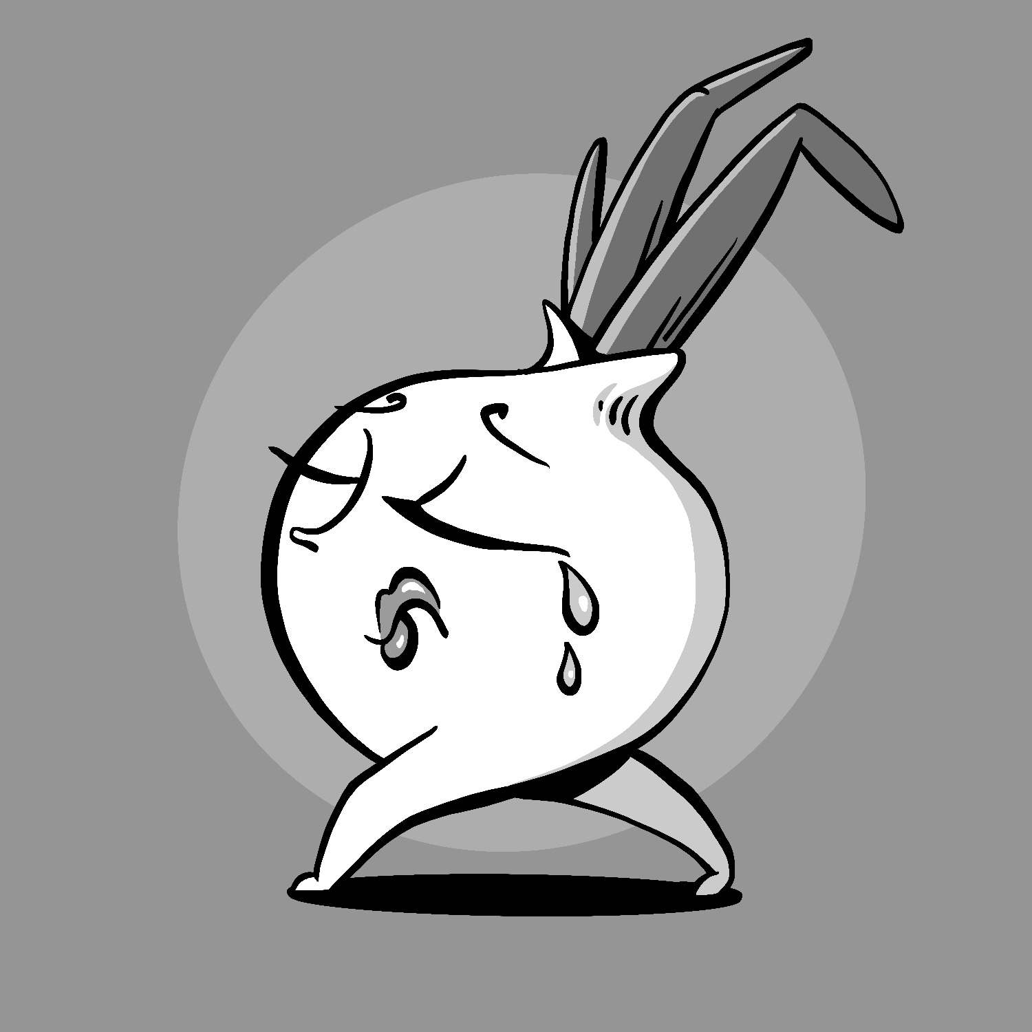 An illustration of an onion with a face on it and legs. The onion is taking a wide step and looks to be walking away from the viewer to the left. Its face is feminine, with closed eyes with long eye lashes, a small nose, and glossy lips. There are two tears coming out of the eye closest to the viewer. The onion still has its stalks on top. The background is gray with a lighter gray ellipse behind the onion. The drawing is in black and white.