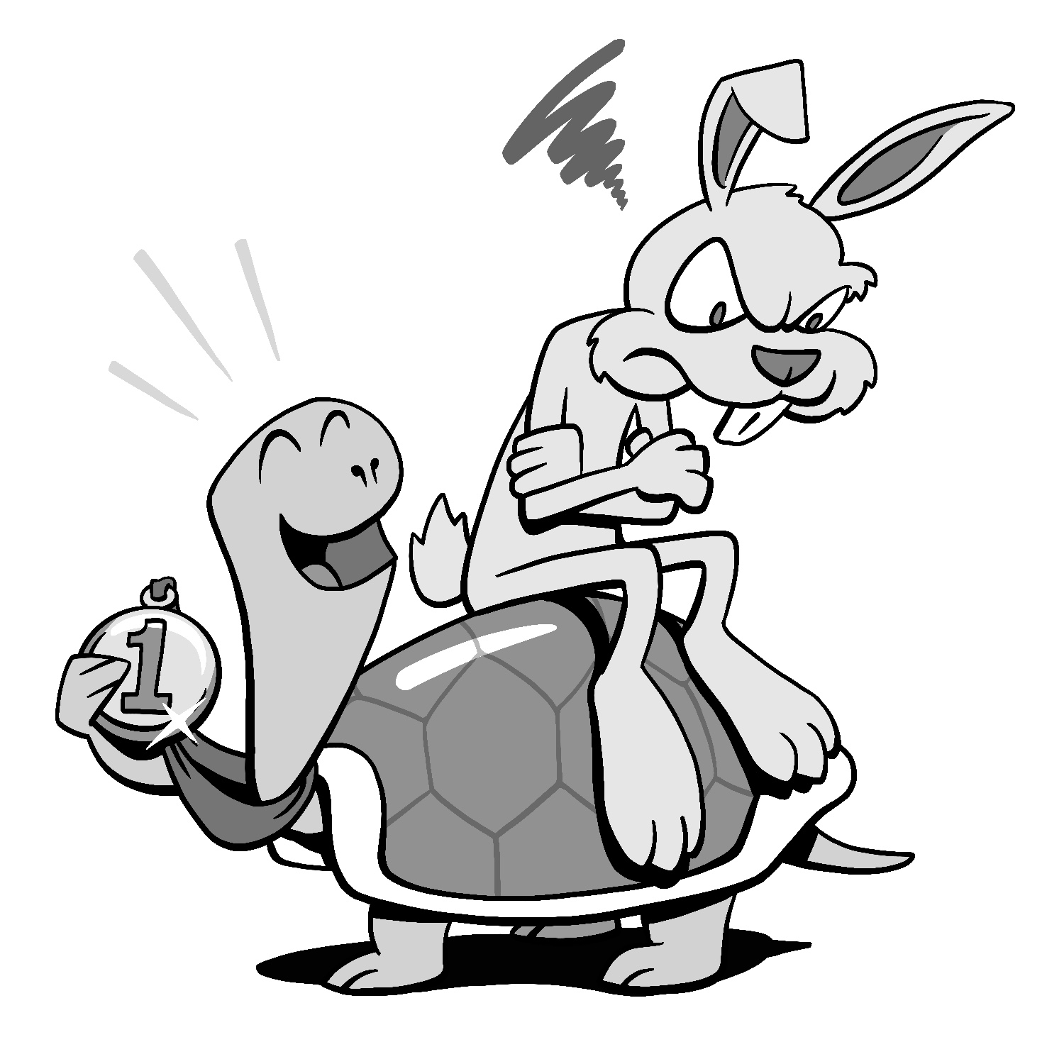 An illustration of a tortoise with a hare sitting on his back. The tortoise is holding a medal with a "1" on it up and has his head turned around to look at the hare with a big, open-mouthed laugh. His eyes are squinted shut. There are light lines emanating from the tortoise's head, indicating that he is beaming. The tortoise's shell and the medal appear to be shiny. The hare is sitting with his legs bent and feet up against the tortoise's shell. His arms are crossed, and he is hunched over, with an angry look on his face, looking at the ground. The hare has a dark scribble emanating from his head that increases in size as it moves away, indicating that he is putt off. The drawing is in black and white.